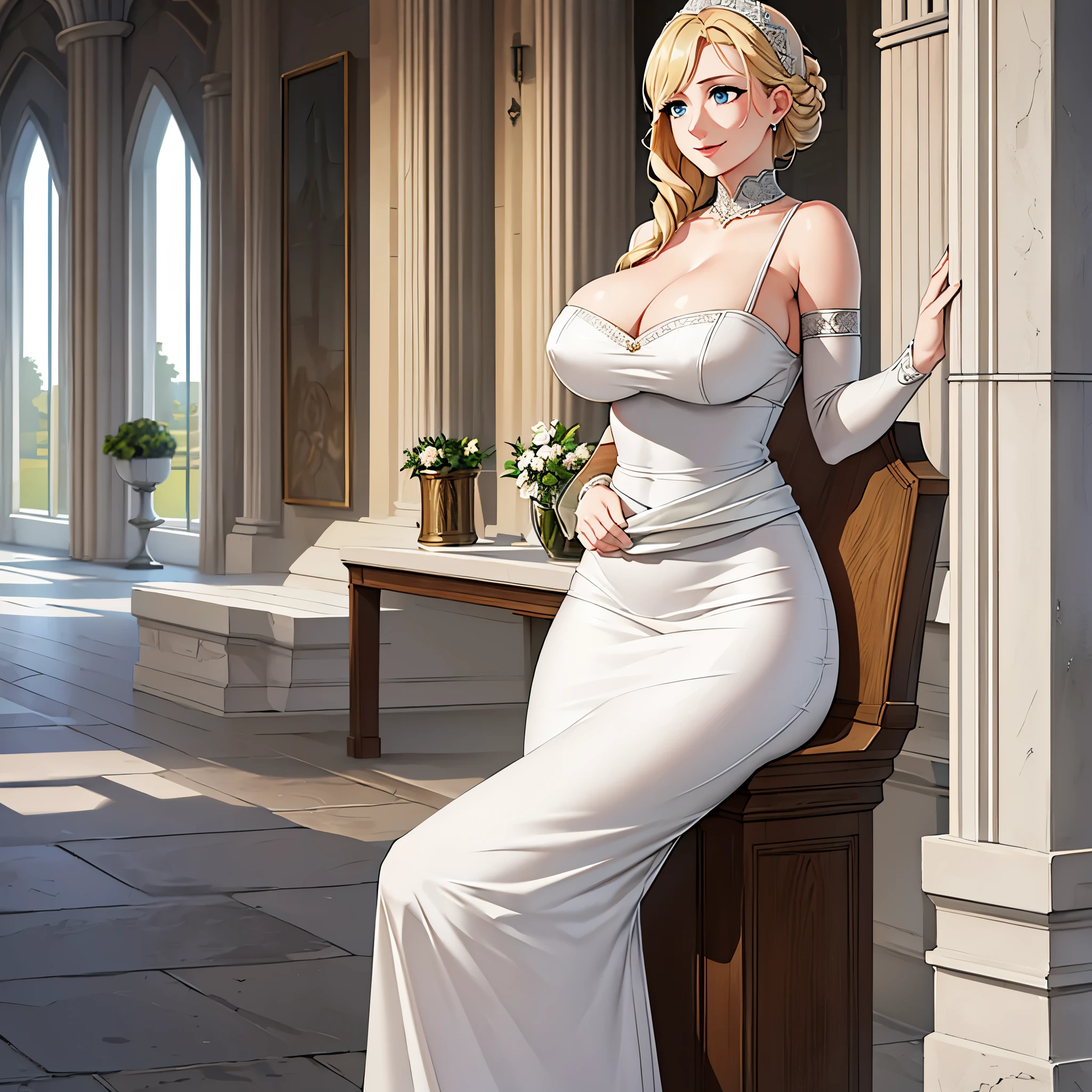 A woman wearing a white dress with silver details on the dress, blonde hair, blue eyes, in a tower of a sophisticated medieval castle, open tower overlooking a large open field and a sea in the distance, smiling, big breasts,, HDR , ultra resolution, very detailed, masterpiece, HD 8K, (solo, just one girl)
