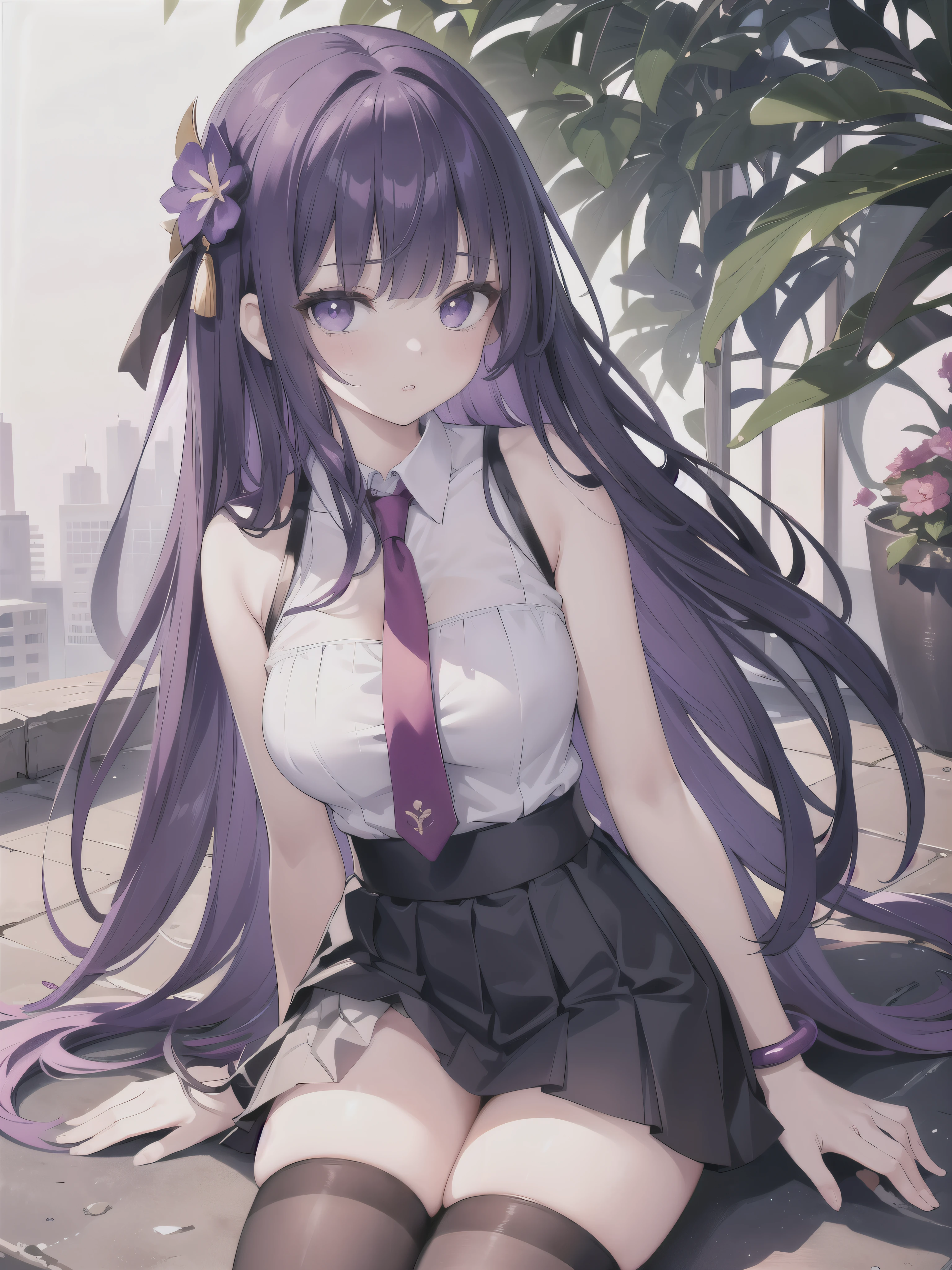 (masterpiece, best quality), (detailed and beautiful eyes), (detailed eyes and detailed face), (beautiful and clear background), (extremely detailed CG, super detailed, best shadows), (( depth of field)), beautiful conceptual illustration, (illustration), (extremely delicate and beautiful), (perfect detail) an anime women dressed in tight skirt sitting on the building ledge, 1 girl, skirt, solo, thighhighs, breasts, long hair, purple eyes, shirt, necktie, looking at viewer, large breasts, mole under eye, sleeveless, purple hair, s itting, black skirt, white shirt, hair ornament, collared shirt, raiden shogun, pleated skirt, bead bracelet, mole, sleeveless shirt, bare shoulders, bare arms, bracelet, outdoors, flower, very long hair, day, zettai ryouiki, bangs , beads, parted lips, blush, hair flower, jewelry, red necktie, black thighhighs, miniskirt, thighs,uhd,8k