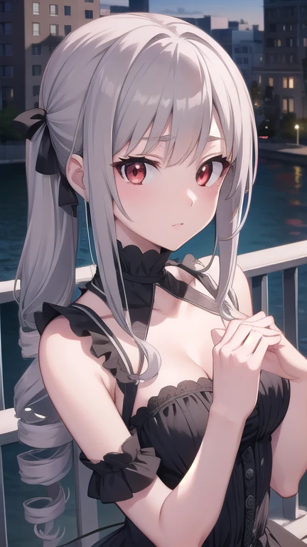 rankokanzaki, ranko, (drill hair:1.5), grey hair, long hair, pale skin, (red eyes:1.5), twin drills,
BREAK black dress, dress, gothic, gothic fashion, neck garter,
BREAK outdoors, city,
BREAK looking at viewer,
BREAK (masterpiece:1.2), best quality, high resolution, unity 8k wallpaper, (illustration:0.8), (beautiful detailed eyes:1.6), extremely detailed face, perfect lighting, extremely detailed CG, (perfect hands, perfect anatomy),