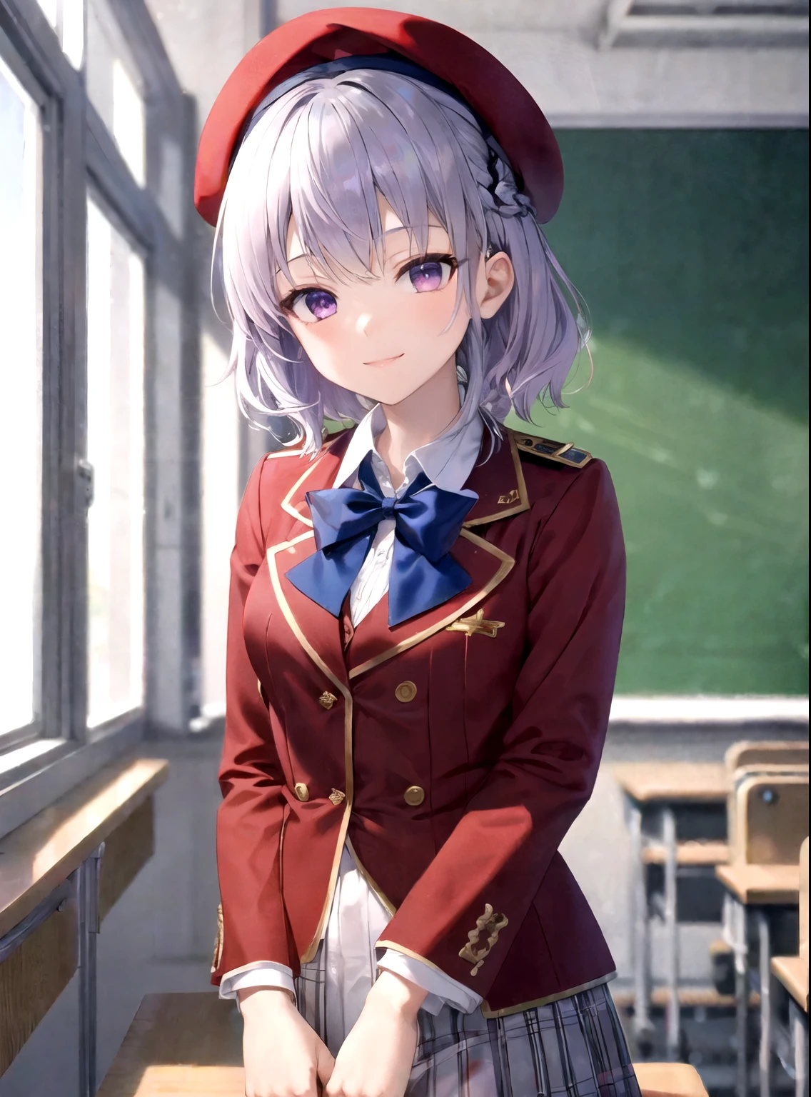 Masterpiece, hd, 1girl, light purple hair, medium hair, purple eyes, braided hair, wear black head beret, ayanokoji, uNIform, red blazer,closed jacket,  white collared shirt, blue bowtie, standing, indoor, smile, classroom