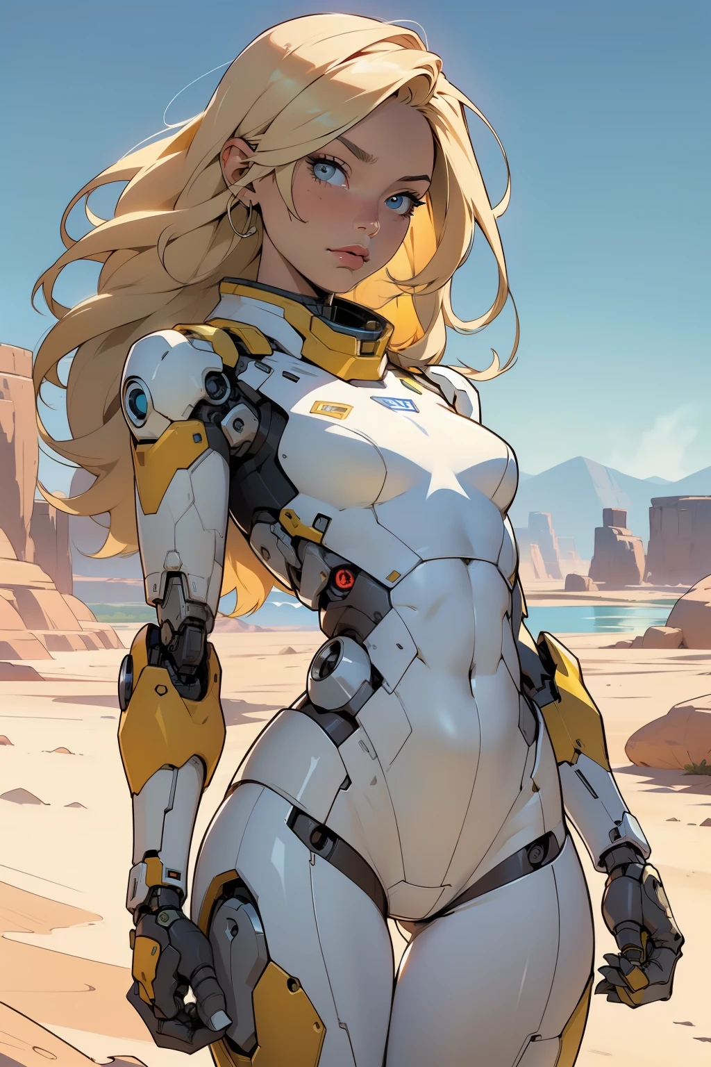 high quality, 4k, masterpiece, beautiful, cyborg girl, cowboy shot, dull eyes, front, looking at viewer, long blonde hair, girl, small breasts, fit thighs, robotic arms, robotic body, cyborg body, yellow & white uniform, red accent, intricate detail, joint, detailed lines, robotic detail, holding fist up, holding hand up as fist, color robotic parts, robotic parts with color, perfect fingers, on a desert planet, sunny background, colorful desert, a river or a lake in the background