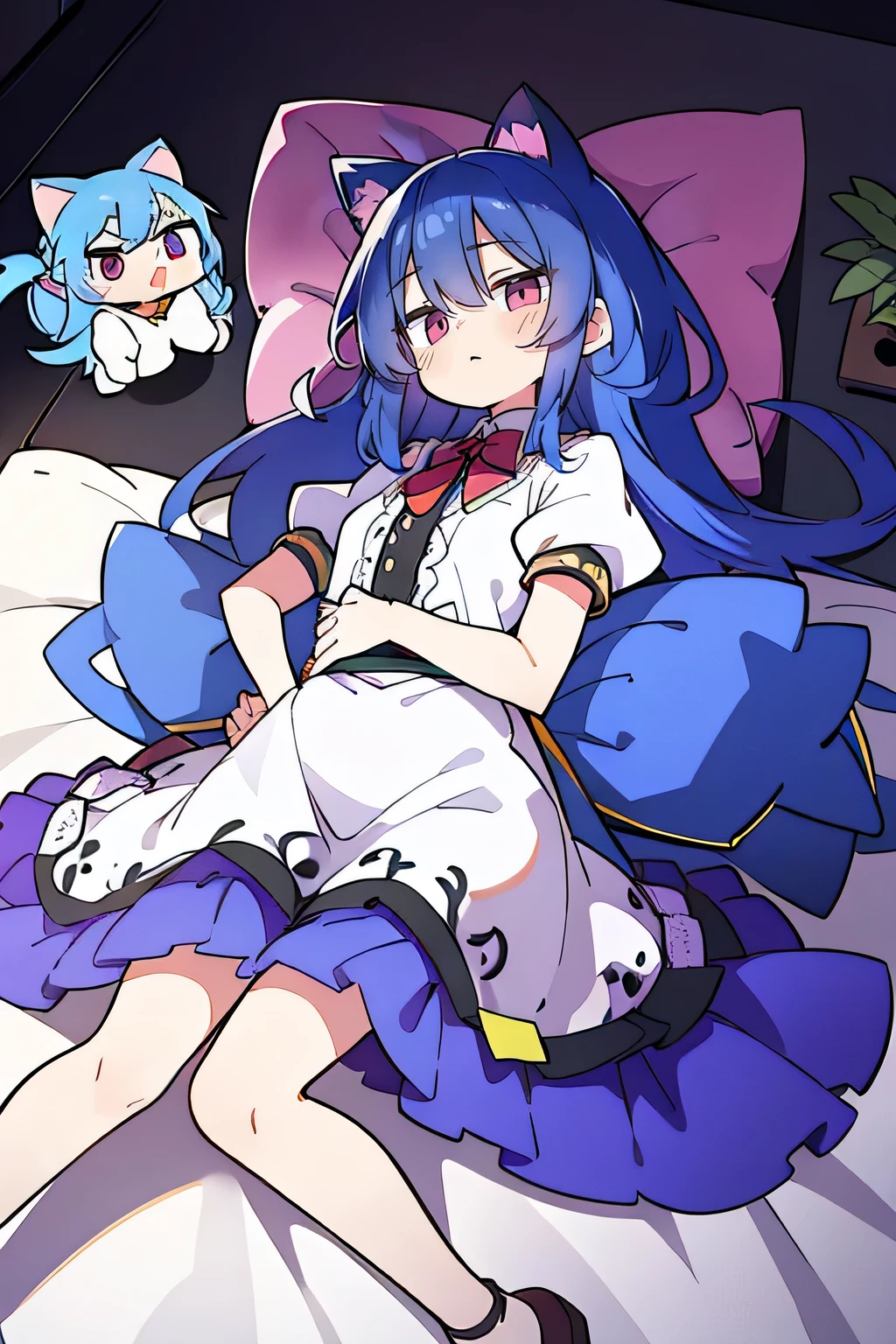 (Masterpiece), best quality, expressive eyes, perfect face, 1girl,
Put your hands on your waist, fair, gorgeous, Japanese comics, girl, Lola, young angel, blue hair, blue hair, flowing clothes, hug the waist, hug the waist, hands on hips, hands on hips, lay down , lying on the ground, legs on the ground, flat chest, cat ears