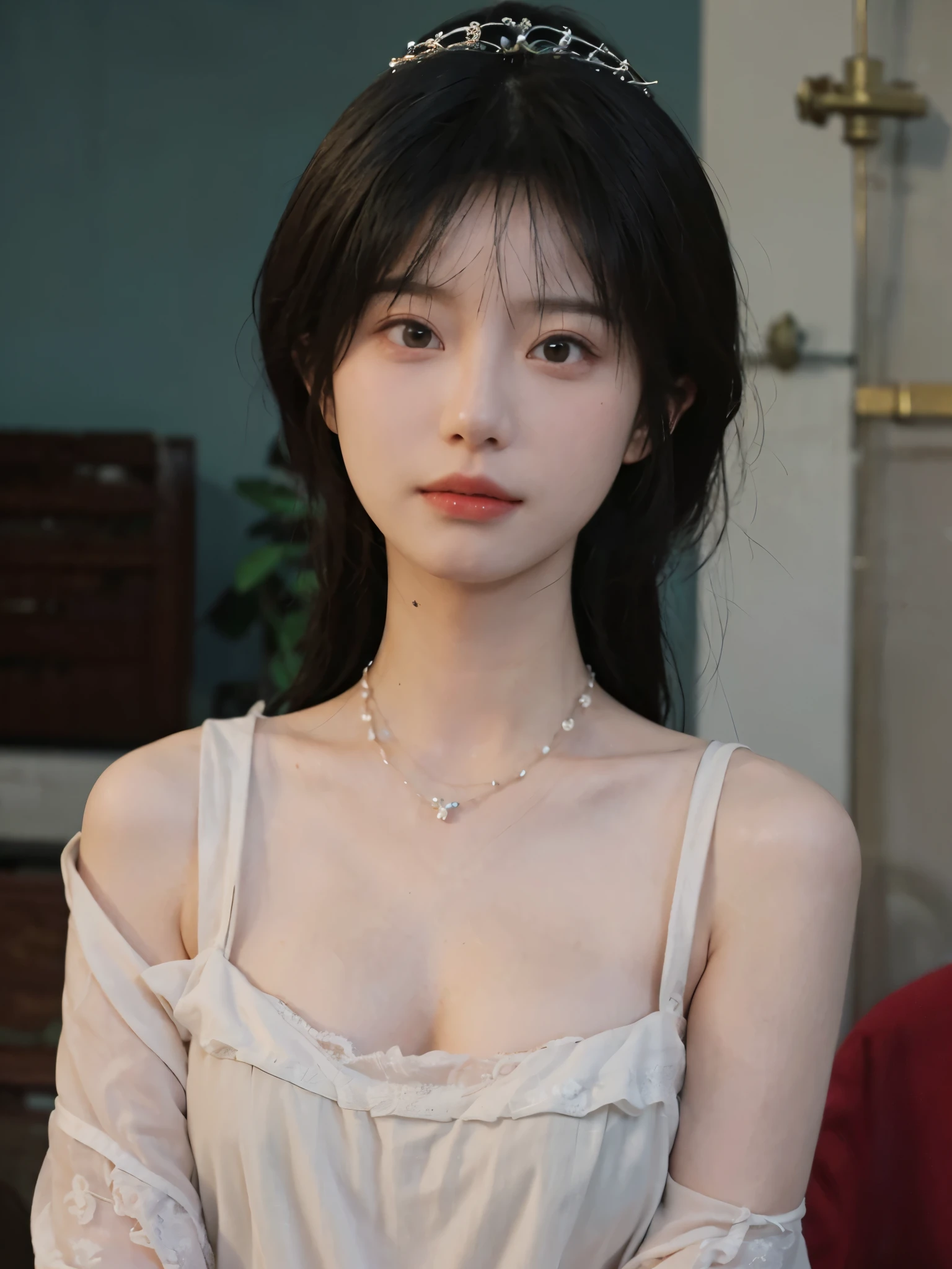 best quality, ultra high resolution, (realistically:1.4),cute hairpin,Baoyu Girl,Standing in the wedding hall,(flat chest:1.2) ,A pair of clear and charming peach blossom eyes,Royal sister,The sun shines on the face,Big wavy hairstyle,(necklace:1.2),(White skin:1.4),a sense of atmosphere,a beautiful girl,Looking directly at the viewer, Close-up cleavage ,(lifelike:1.4),1 girl,Sexy,(Upper body:1.4),(wet),(:1.2)