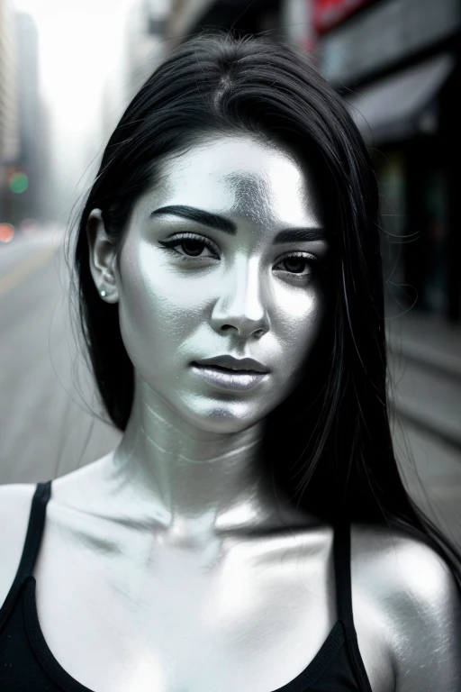 city street, neon, fog, volumetric, closeup portrait photo of beautiful young Mexican woman silver living statue, perfectly body, head, face metallic chrome silver paint, detailed facial head body, (lifelike expression), living statue, metallic chrome silver tones, perfectly drawn face head body, black hair, long straight hair, wearing black tank top,