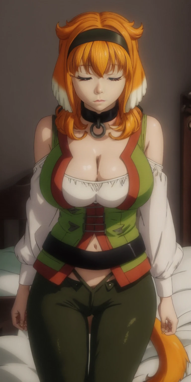 Roxanne Demin kin 1girl, solo, breasts, large breasts, navel, animal ears, cleavage, tail, hairband, pants, orange hair, collar, dog ears, dog tail, dog girl, black collar, green pants, floppy ears, eyes closed, sleeping, lying on bed, waist up, leather slave collar choker, bracers