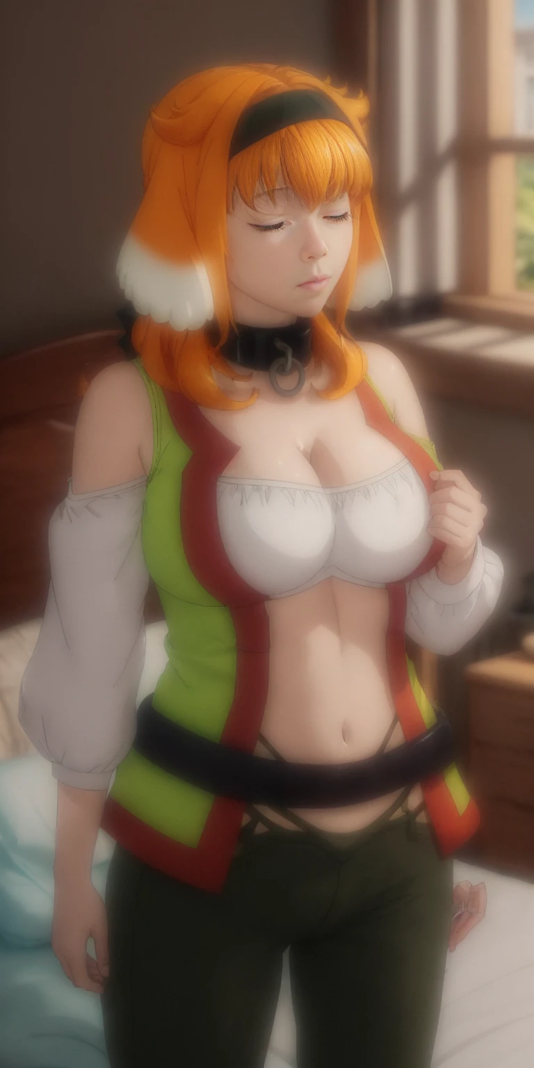 Roxanne Demin kin 1girl, solo, breasts, large breasts, navel, animal ears, cleavage, tail, hairband, pants, orange hair, collar, dog ears, dog tail, dog girl, black collar, green pants, floppy ears, eyes closed, sleeping, lying on bed, waist up, leather slave collar choker, bracers