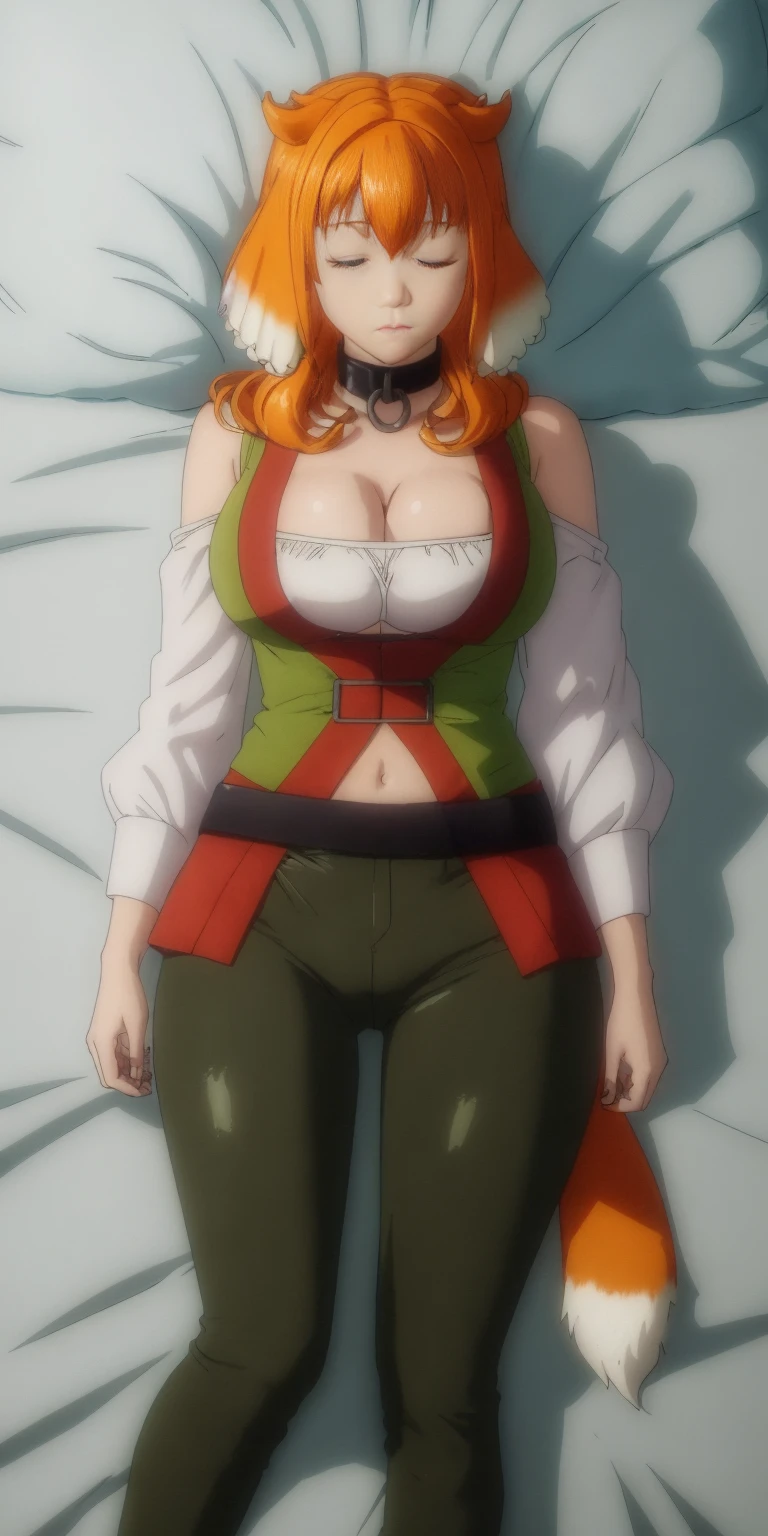 Roxanne Demin kin 1girl, solo, breasts, large breasts, navel, animal ears, cleavage, tail, hairband, pants, orange hair, collar, dog ears, dog tail, dog girl, black collar, green pants, floppy ears, eyes closed, sleeping, lying on bed, waist up, leather slave collar choker, bracers