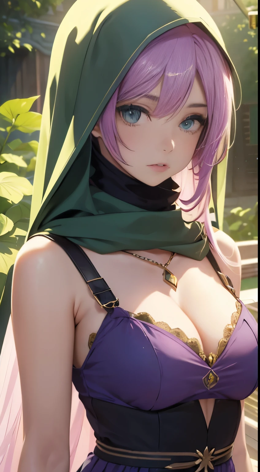 cleavage, (best quality,4k,8k,Altas,master part:1.2),ultra-detalhado,Realistic,Beautiful girl,hijabi,vestido verde,Olhos detalhados, Detailed lips,Rosto extremamente detalhado,long eyeslashes,fundo do jardim,cores laranja,cores verdes claras,cores roxas,lilac colors,cores amarelas,cores azuis claras.