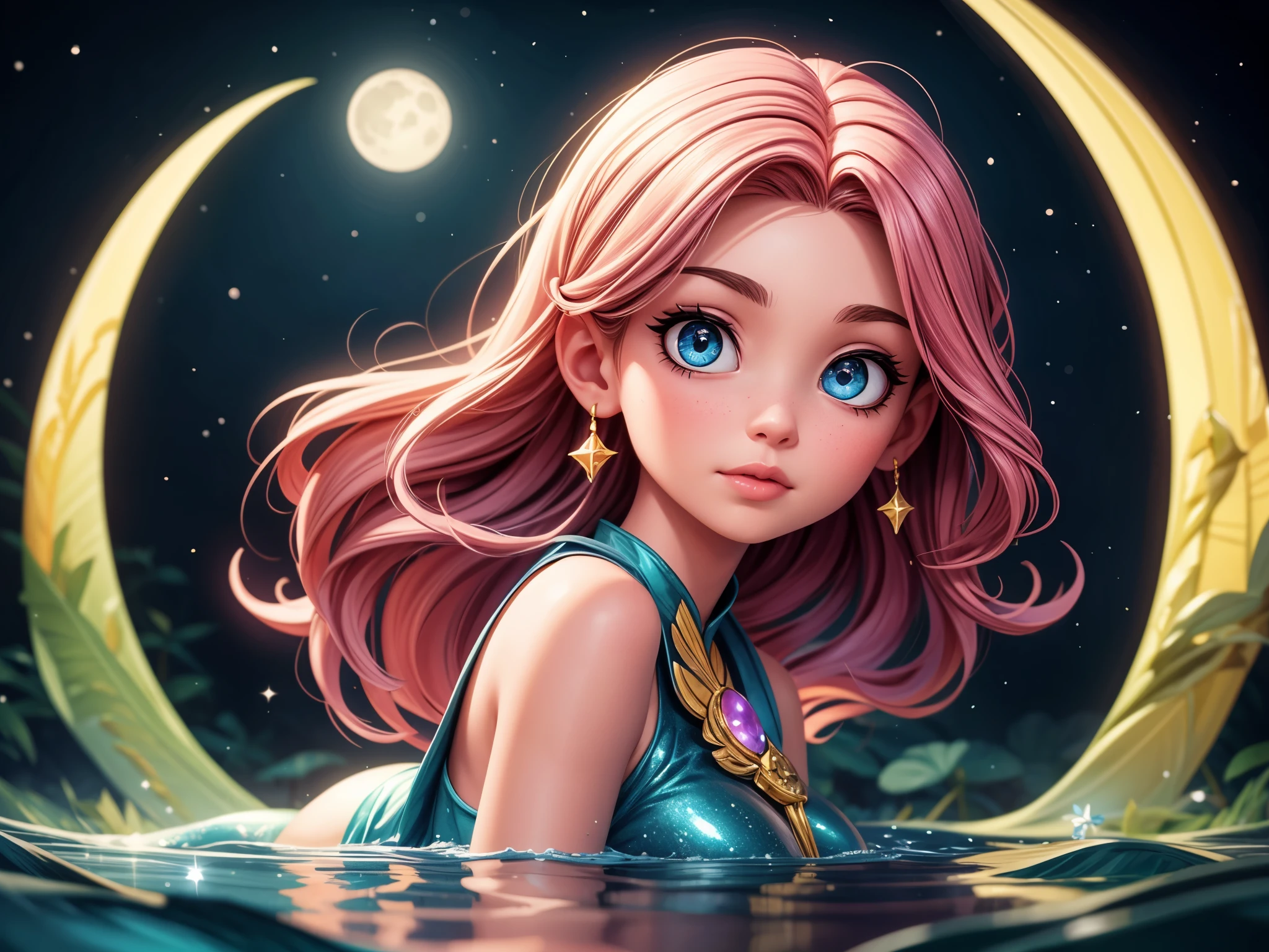 best quality,4k,8k,highres,masterpiece:1.2,ultra-detailed,realistic:1.37,portrait,detailed eyes and face,detailed lips,long eyelashes,serene expressions,feminine,fantasy scene,full moonlit night,shimmering water reflections,colorful costumes,flowing hair,sparkling stars,romantic atmosphere,magical transformation,ethereal beauty,graceful poses,sailor senshi,serenity and strength,moon and stars motif,cosmic power,pastel color palette,soft lighting,dreamy ambiance