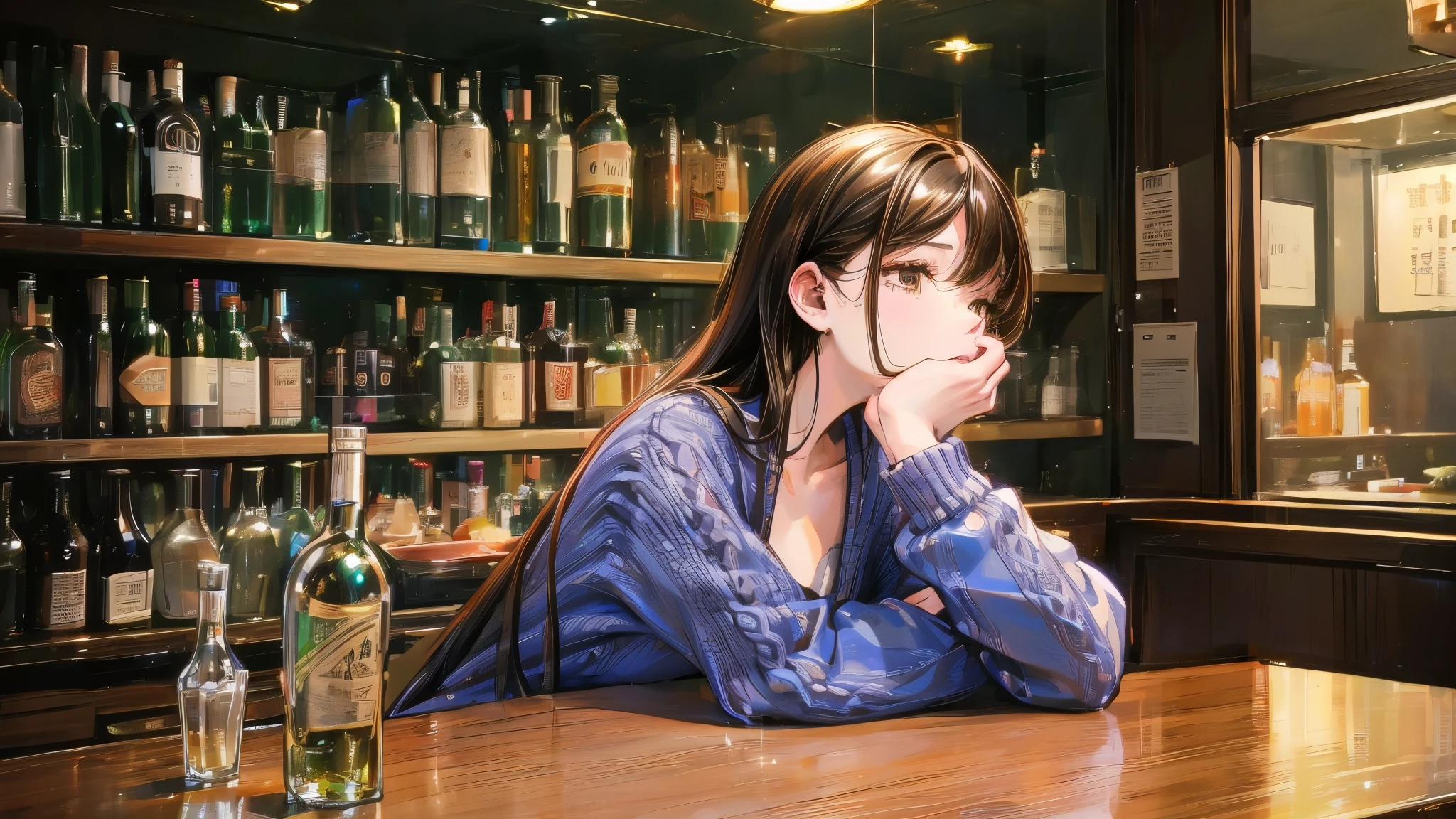 (Very detailed figure), masterpiece, (Very detailed), 詳細品質Highest quality, (Very detailed: 1. 1), Very detailed light reflection, Harmony, Very detailed background, Very detailed, High resolution, production Official Art, Very detailed, figure, Novel cover, Shiny skin, Best Shadow, Beautiful Face (Highest quality), (masterpiece), (Very detailed), (in Shoulder strap), ((liquor)), Old store, Shoulder strap, liquor bottle, Chalk, Official Art, Beautiful girl, (18-year-old), counter, (Beautiful Face), (Black Hair: 1. 3), (loosely curled hair: 1.1), Long Hair, liquor, snack, Mouth closed, (Brown eyes), ( (Narrow eyes: 1. 2), Eye highlights, Medium Chest, (bar), Model pose, indoor, (Dim lighting: 1. 2), (Long Shot: 1. 1), Dynamic Angle, break (Loosely knitted sweater),、In a completely different expression