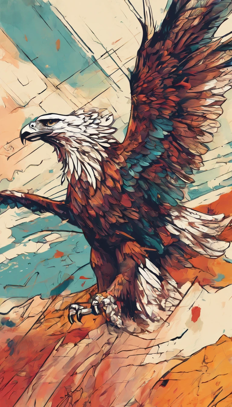 partial frontal view of the scene in close-up; details in 8k; precision in details; Pablo Picasso style drawing. Wood splash; high contrast of glorious colors; Abstract textured artistic drawing of a beautiful reddish furred eagle and faded and dark image background; illustration, illustration in pastel tones, professional illustrator, gothic style, ink and watercolor paintings, alcohol ink, vibrant colors, perspective view, centered, lines in perspective;