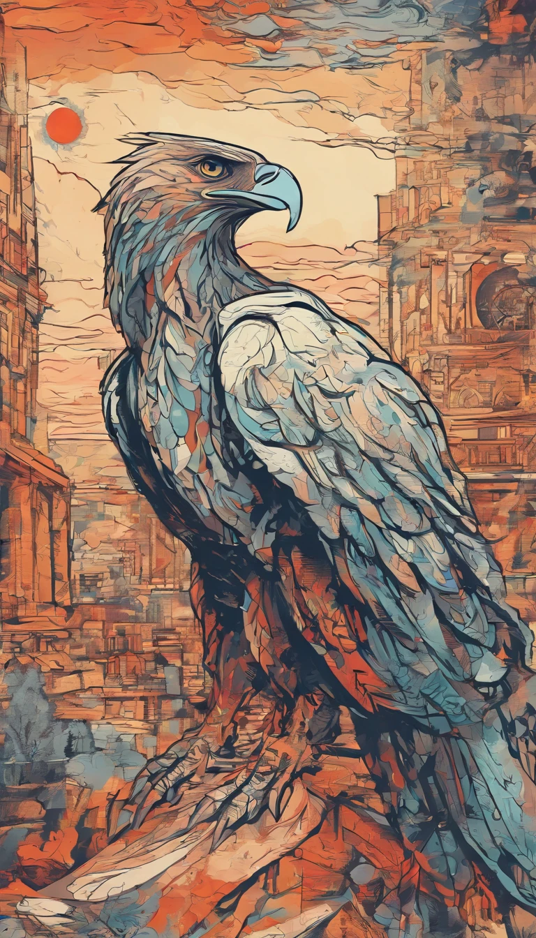 partial frontal view of the scene in close-up; details in 8k; precision in details; Pablo Picasso style drawing. Wood splash; high contrast of glorious colors; Abstract textured artistic drawing of a beautiful reddish furred eagle and faded and dark image background; illustration, illustration in pastel tones, professional illustrator, gothic style, ink and watercolor paintings, alcohol ink, vibrant colors, perspective view, centered, lines in perspective;