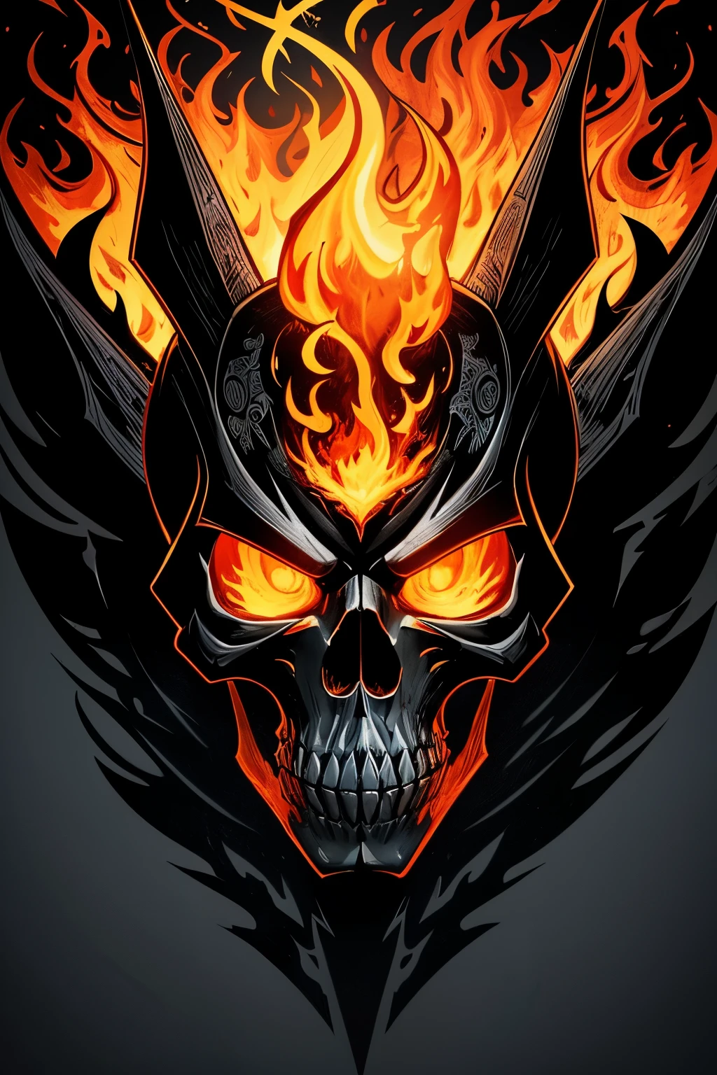 Create a captivating and terrifying logo illustration of a firefighter skull, showcasing flaming eyes that burn with intense fiery energy, surrounded by intricately detailed silver axes. This design is inspired by the fantasy style of renowned artists Dan Mumford and Frank Frazetta. The illustration boasts bold outlines, high definition, and vivid colors that come to life with intricate details. The negative space within the logo adds an element of mystery and allure, making it an ideal design for t-shirts and other merchandise. With a unique blend of creativity and fear, this logo is sure to leave a lasting impression.