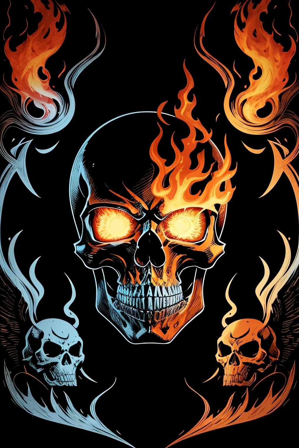 Create a captivating and terrifying logo illustration of a firefighter skull, showcasing flaming eyes that burn with intense fiery energy, surrounded by intricately detailed silver axes. This design is inspired by the fantasy style of renowned artists Dan Mumford and Frank Frazetta. The illustration boasts bold outlines, high definition, and vivid colors that come to life with intricate details. The negative space within the logo adds an element of mystery and allure, making it an ideal design for t-shirts and other merchandise. With a unique blend of creativity and fear, this logo is sure to leave a lasting impression.