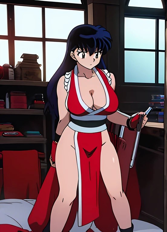 masterpiece, best quality, Kagome Higurashi, Mai Shiranui, 25 years old, kunoichi dress, large breasts, matured face, cleavage, big breast, very busty, big hips, full body view, athletic body, She stands tall while wearing a red Kunoichi dress, pelvic curtain, arm guards and gloves. she's looking directly at the camera with a worried look and confused expression. Perfect Anatomy,(Professional Lighting), 4k textures, raw photo, epic artistic, photoreal art, sharp focus, even lighting, insane details, intricate details, hyperdetailed, rich colors, (Background: indoors, bedroom, shelves, windows, desk)
