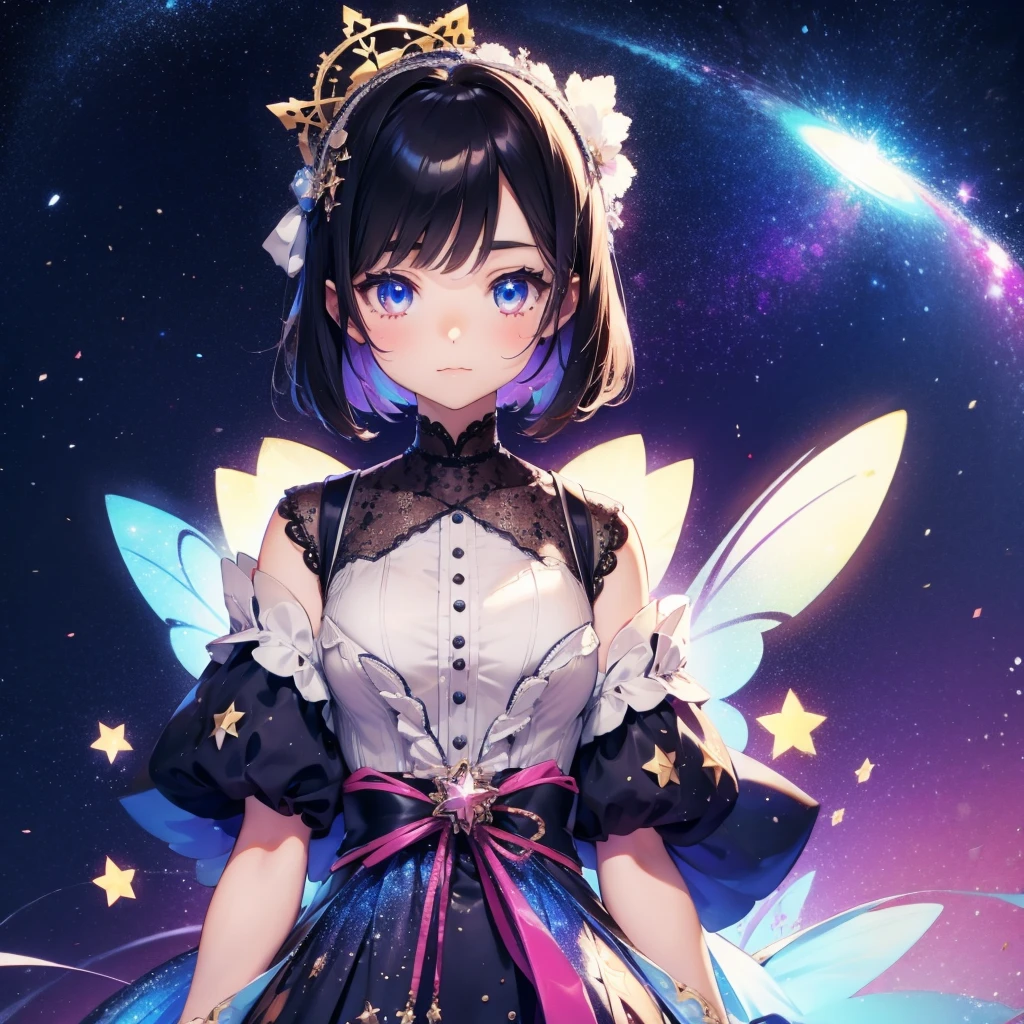 1girl、vtuber-fullbody、Star Fairy、「A beautifully printed galaxy patterned kimono and gothic ****ta outfit.、Space pattern box pleated mini skirt with ruffles、Front full body portrait、enchanting eyes、Perfect and stunning face、exquisite details、clear image、highest quality。」short hair、