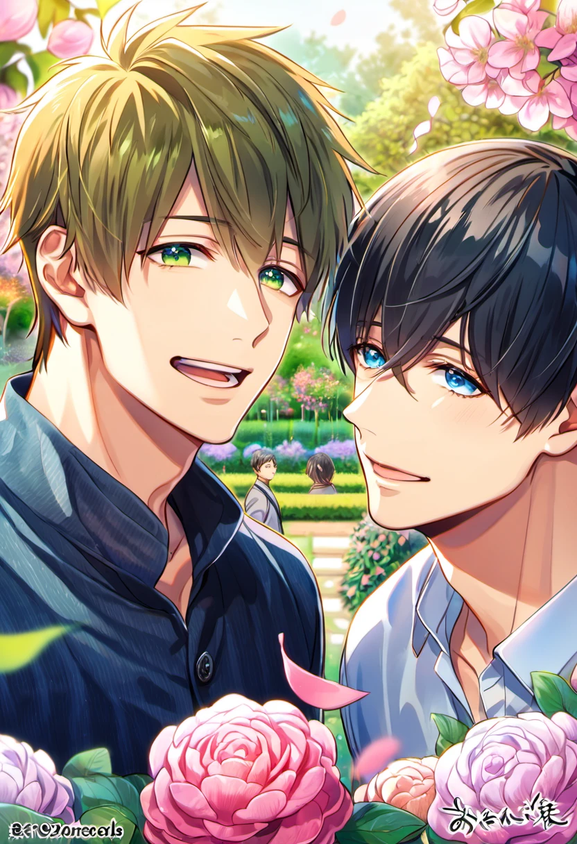 absurdres, highres, ultra detailed, HDR, master piece, best quality, Tachibana Makoto, brown hair, expressive green eyes, Free, Nanase Haruka, black hair, expressive blue eyes, 2men together, gay couple, handsome, garden, petals