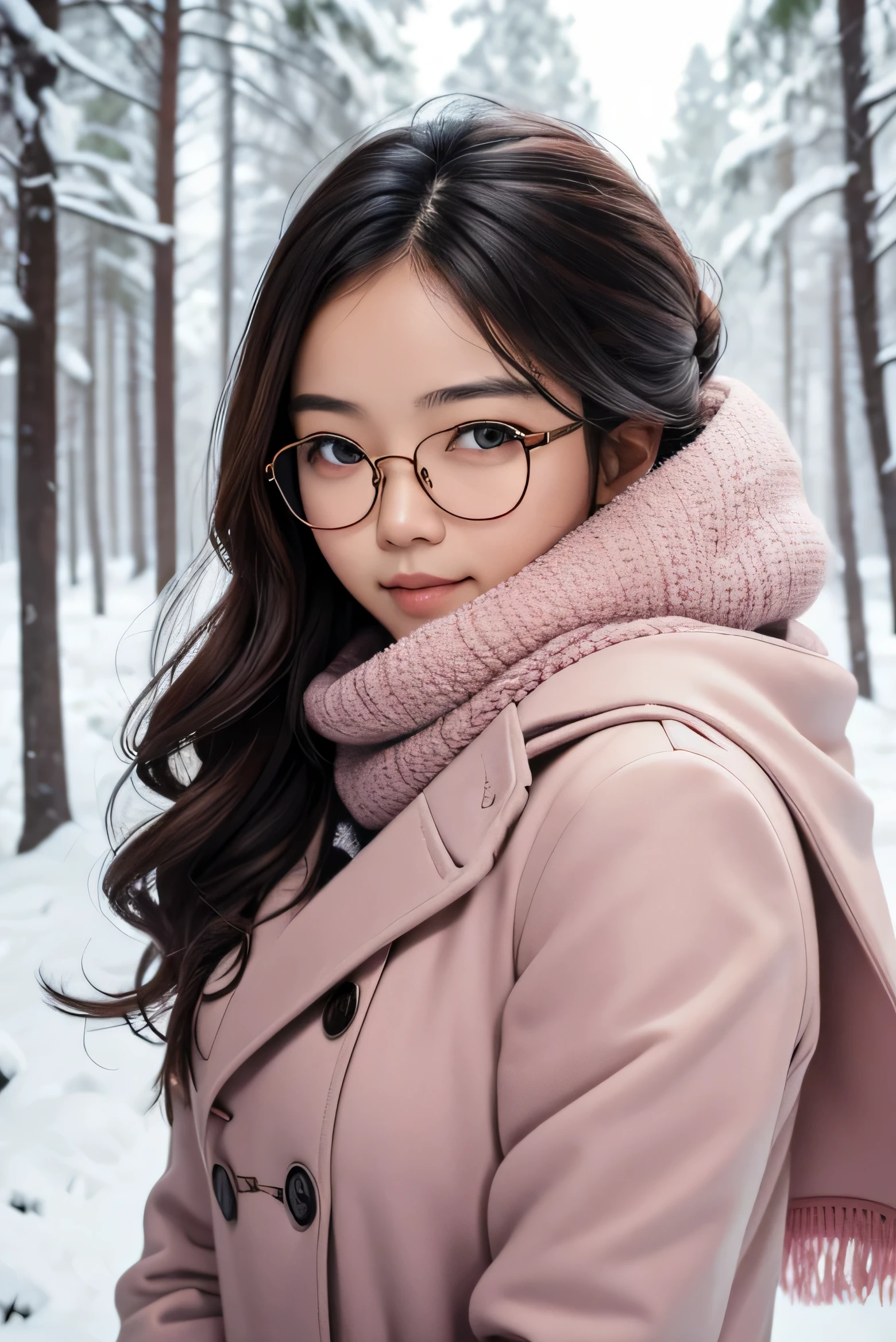 Detailed face of half body photo. 25 year old Indonesian girl with a sweet face, big round face and long brown wavy hair, round glasses, wearing a pink winter fur coat with a white scarf in the middle of a beautiful snow forest