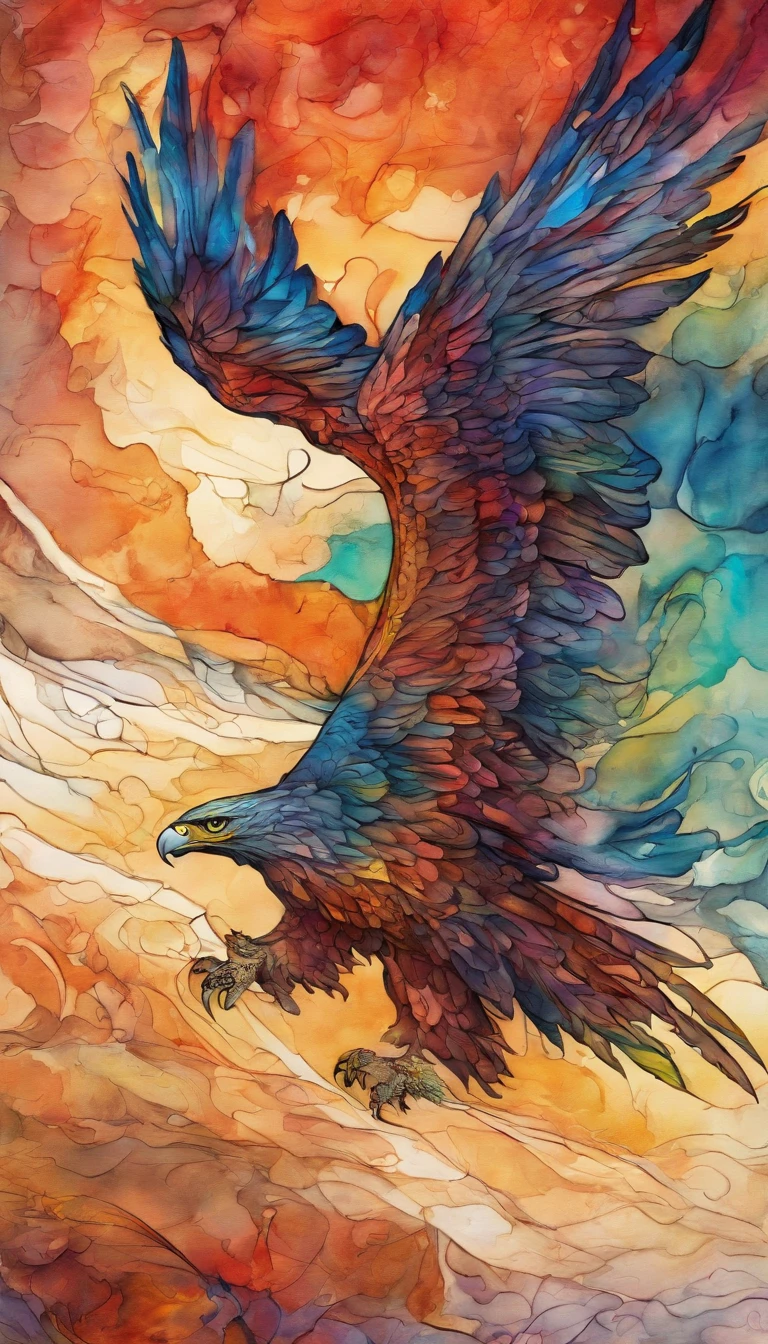 partial frontal view of the scene in close-up; details in 8k; precision in details; Pablo Picasso style drawing. Wood splash; high contrast of glorious colors; Abstract textured artistic drawing of a beautiful reddish furred eagle and faded and dark image background; illustration, illustration in pastel tones, professional illustrator, gothic style, ink and watercolor paintings, alcohol ink, vibrant colors, perspective view, centered, lines in perspective;