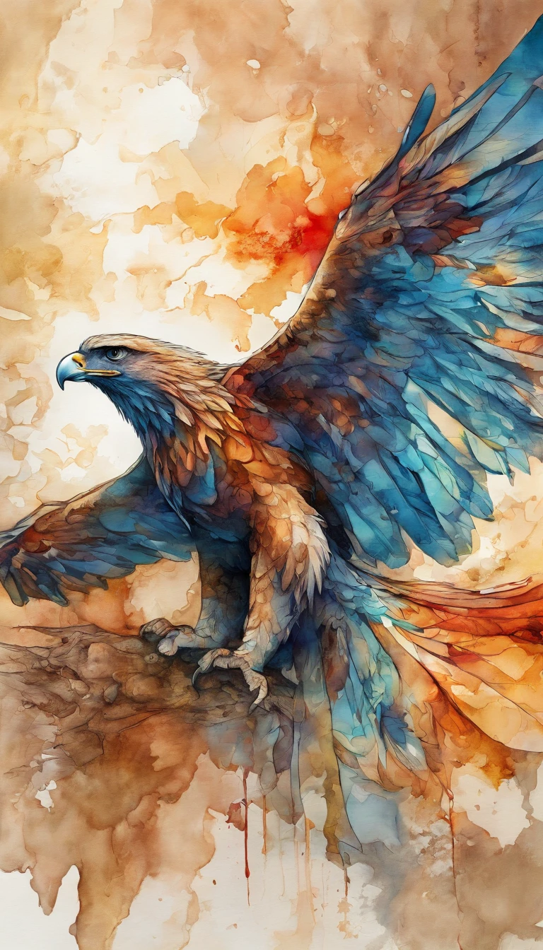 partial frontal view of the scene in close-up; details in 8k; precision in details; Pablo Picasso style drawing. Wood splash; high contrast of glorious colors; Abstract textured artistic drawing of a beautiful reddish furred eagle and faded and dark image background; illustration, illustration in pastel tones, professional illustrator, gothic style, ink and watercolor paintings, alcohol ink, vibrant colors, perspective view, centered, lines in perspective;