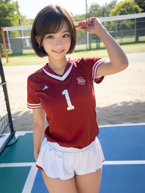 ((((whole body 1.4)))),1 girl, masterpiece、, smile, beautiful eyes, perfect eyes, beautiful lips, perfect lips, short hair, Are standing, ,volleyball player red uniform、,perfect face, Angelic,Idol, super realism,surreal, Japanese girl film grain, gym