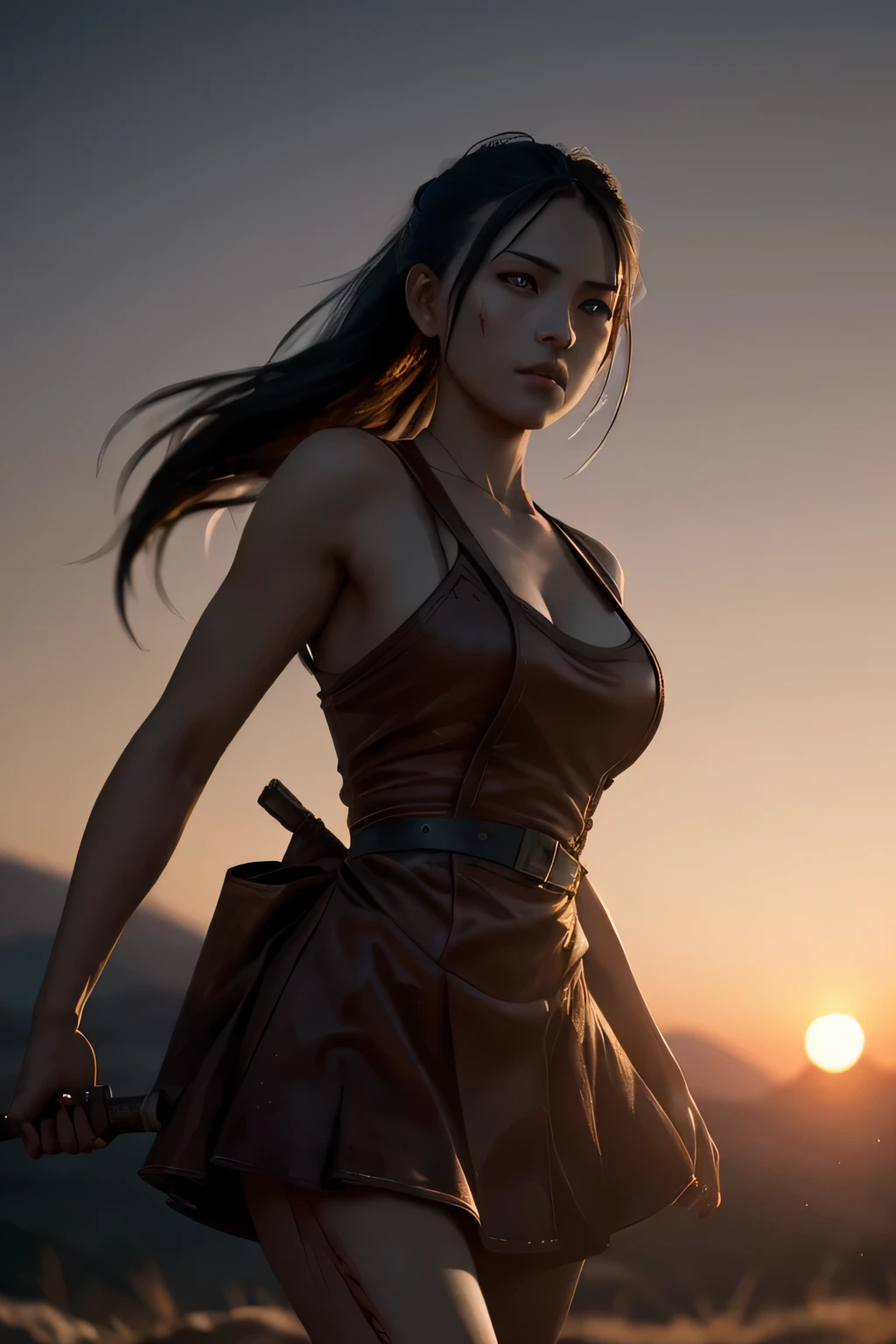 (masterpiece), (very complicated:1.3), (realistic), girl portrait, (dark fantasy, gore), (dynamic perspective), the most beautiful in the world, (waitress), outdoor, dynamic angle, running fighting stance, dry river bed, Kure, Haifa, Stunning female professional photo details, sharp focus, dramatic, Award history, cinematic lighting, Octane Rendering Unreal Engine, volumetrics dtx, (film grain, blurred background, blurred foreground, Bokeh, Depth of the bounds written, sunset), holding sickle