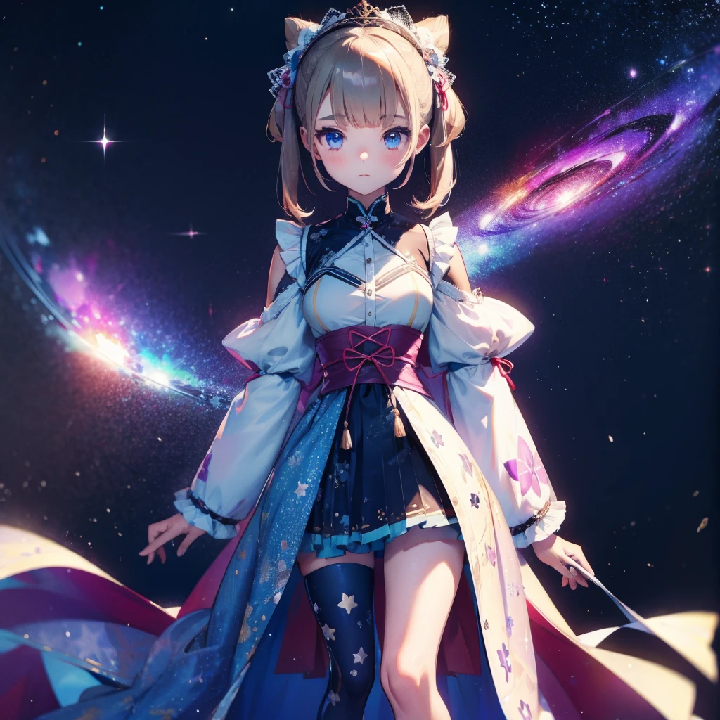 1girl、vtuber-fullbody、Star Fairy、「A beautifully printed galaxy patterned kimono and gothic ****ta outfit.、Space pattern box pleated mini skirt with ruffles、Front full body portrait、enchanting eyes、Perfect and stunning face、exquisite details、clear image、highest quality。」short hair、