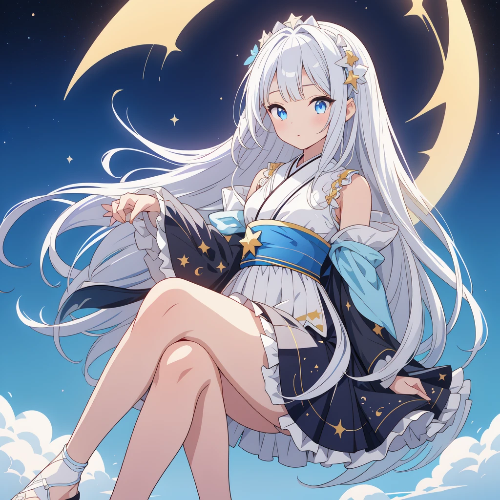 sitting on the crescent moon、(masterpiece, best quality), 1girl,  1girl、vtuber-fullbody、Star Fairy、「A beautifully printed galaxy patterned kimono and gothic lolita outfit.、Space pattern box pleated mini skirt with ruffles、Front full body portrait、enchanting eyes、Perfect and stunning face、exquisite details、clear image、highest quality。」Milky white and light blue gradient straight long hair、