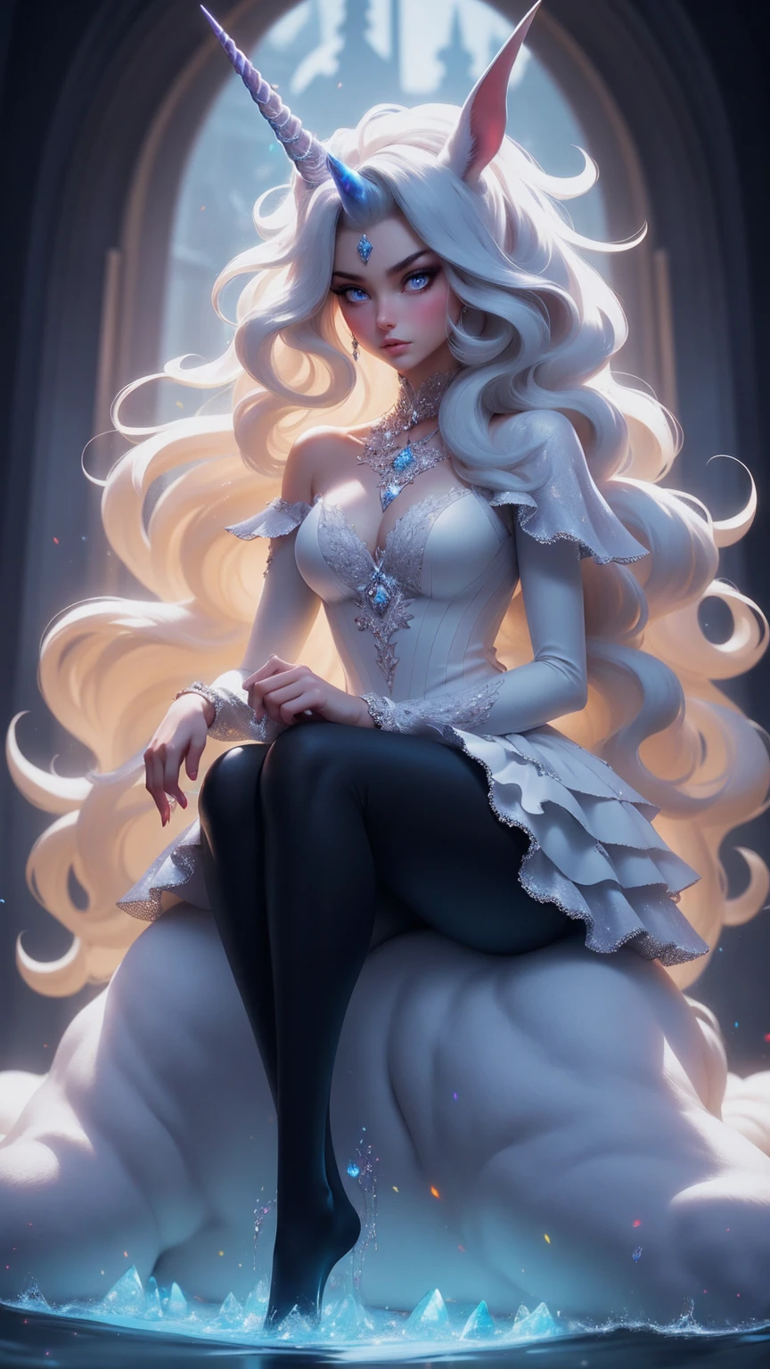 {-erro_de_anatomia:1.0} There is a black unicorn girl, blond mane and long mane, black unicorn, unicorn, unicorn horns, A unicorn, celestia, Nine stories, black unicorn, soft dreamy, cinematic light《fangs》Unicorn in, mythological creatures, a mythical creature, Pokémon illustration, unicorns, a glaceon princess, white dress, opal eyes. Auroracore, ghostly iridescent, image good for rendering, sitting on the water. unicorn girl, full body, holding a crystal unicorn,