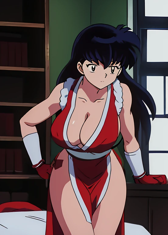masterpiece, best quality, Kagome Higurashi, Mai Shiranui, 25 years old, kunoichi dress, large breasts, matured face, cleavage, big breast, very busty, big hips, full body view, athletic body, She stands tall while wearing a red Kunoichi dress, pelvic curtain, arm guards and gloves. she's looking directly at the camera with a worried look and confused expression. Perfect Anatomy,(Professional Lighting), 4k textures, raw photo, epic artistic, photoreal art, sharp focus, even lighting, insane details, intricate details, hyperdetailed, rich colors, (Background: indoors, bedroom, shelves, windows, desk)
