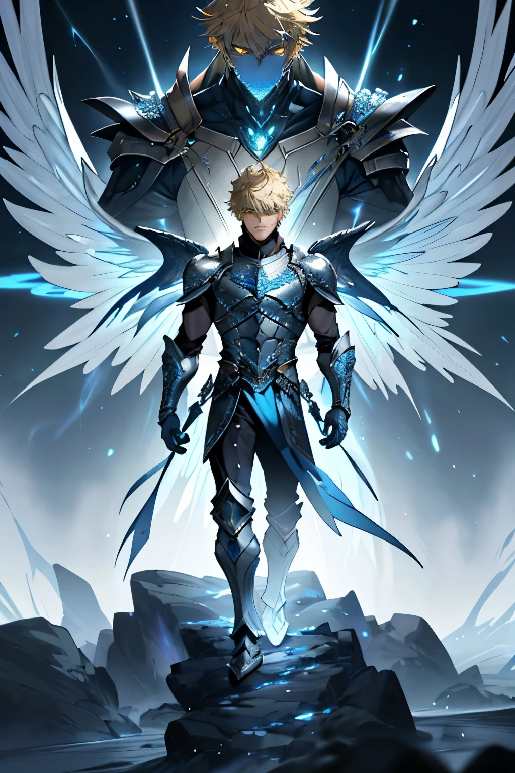 In the heart of an epic and dramatic scene, a male character emerges, his full body clad in blue and silver armor that shimmers under the fantastic, intricate lighting. The armor's intricate design and details extend to the light blue celestial wings that sprout from his back, adding to the fantastic and otherworldly atmosphere. His blond hair is short and neatly styled, framing his perfect, detailed face. His yellow eyes gleam with an intensity that matches the drama of the moment.

The anime style of the image adds to the overall epic and detailed feel of the scene. His eyes are both detailed and perfect, with long and expressive eyelashes that accentuate their captivating