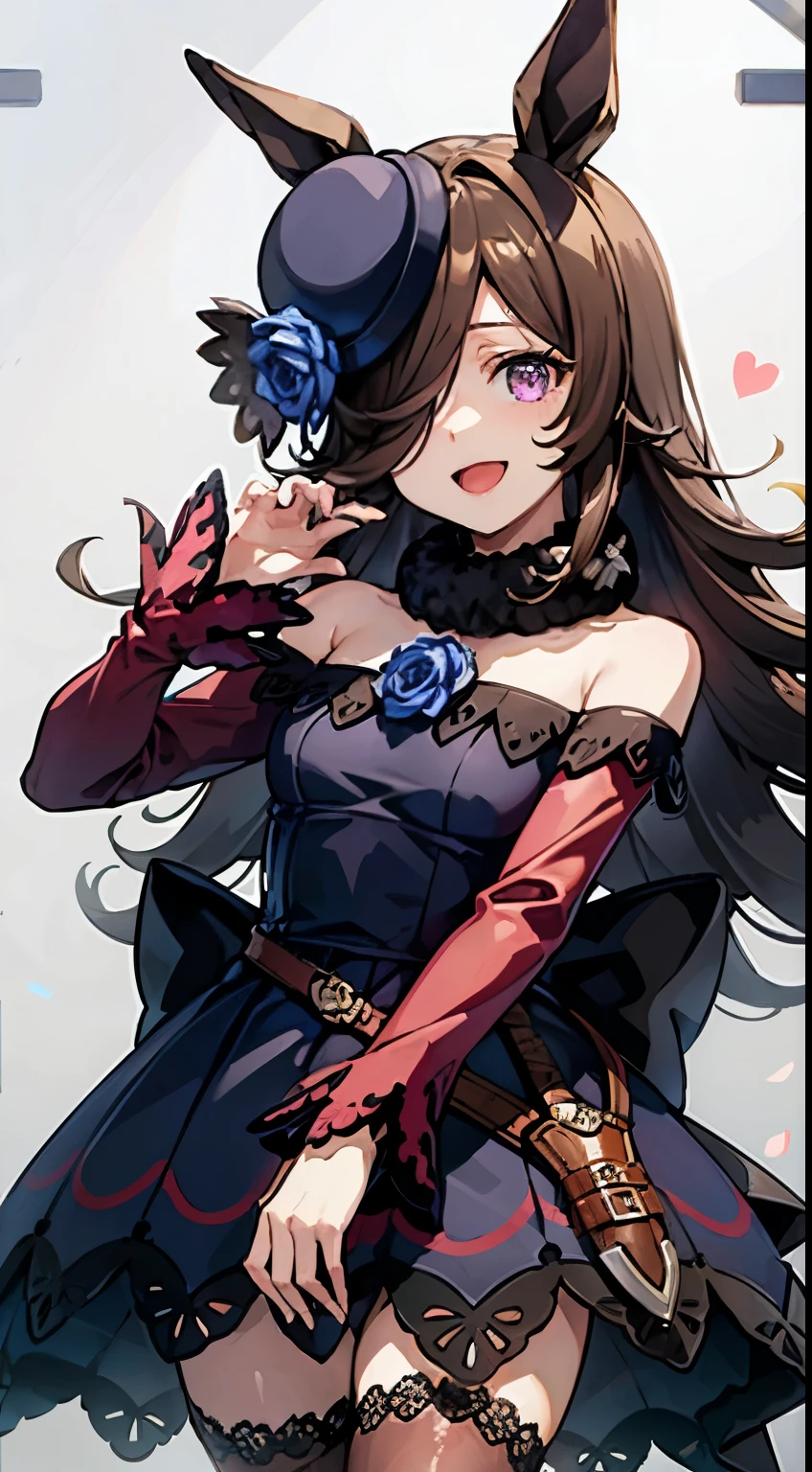 (table top.highest quality)、1 girl、black hair、length、purple eyes、Uma Musume、Umamimi girl、laughter、laughter、(background live stage:1.4).(bright background:1.1)、(dynamism:0.8)