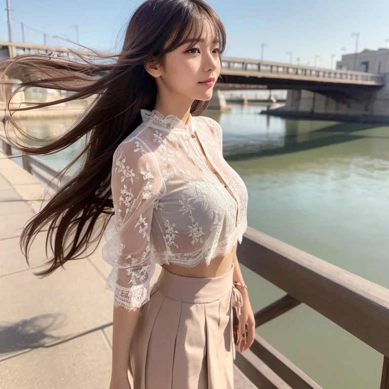 The profile of a young, beautiful Japanese woman in the sex industry standing on a riverbed in the evening, smiling with distant eyes as she is blown by the wind. Focal length 100mmf/2.8, spring evening, sunny, delta, riverbed, railway bridge in the distance, building area in the distance, well-shaped face, lonely smile, long hair blowing in the wind, toned body, lace decorations A peach-colored blouse and a subdued brown skirt, transparent skin, close-up of the eyes, low angle, realistic feeling, 8K image quality, and the highest quality.