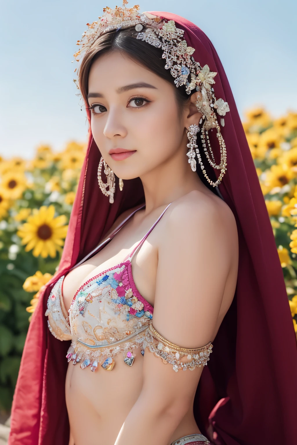 colorful, sky, flowers, magical, fantasy, tale, top-quality,Beautiful detailed hijabi,Bewitching face,tzuyu iu yooa ,long lashes,Wearing a colorful bellydancer,Detailed details,Colossal ,With cleavage, underboob, sideboob,stares at the camera, javanese castle, monastery