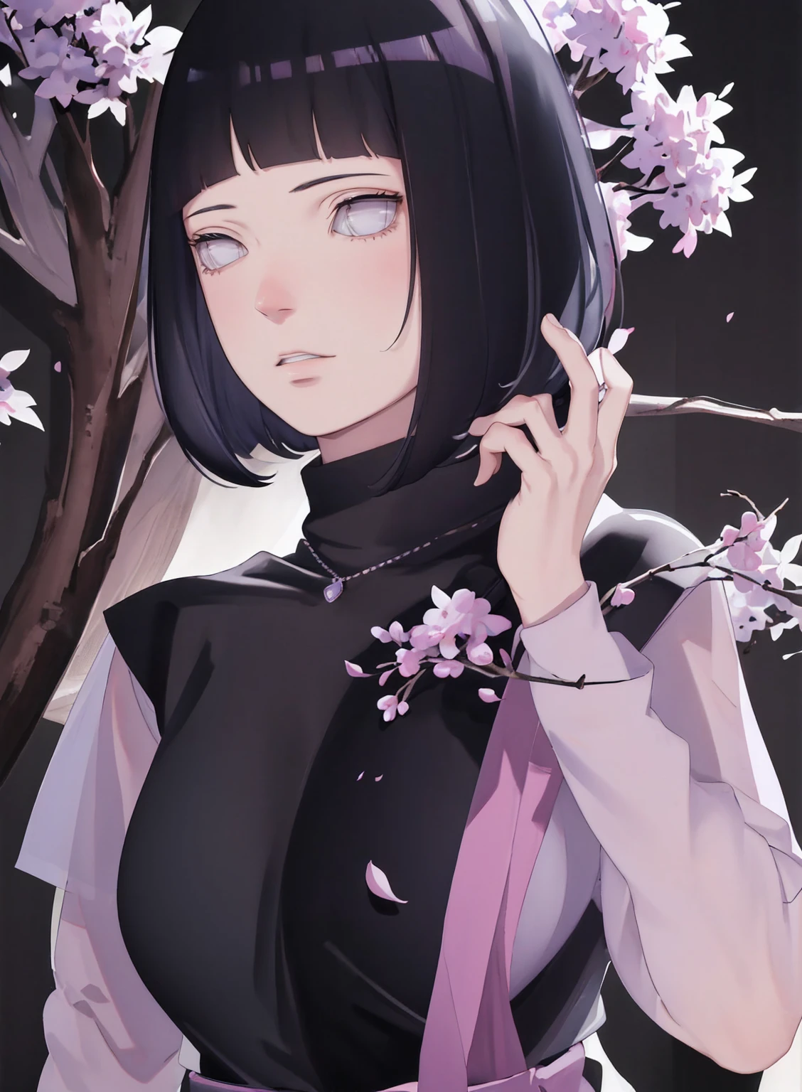 { - anatomy error} (Masterpiece - Ultra-detailed, very high resolution) (huge titusty, masterpiece, absurdres, hinata\(boruto\), 1girl, solo,mature female, lilac turtleneck blouse, black pant, looking at viewelling petals), perfect composition, detailed lips, big breast, beautiful face, body propotion, blush, (pink lips), short hair, (black hair), purple eyes, soft gaze, super realistic, detailed, photoshoot, realistic face and body, closed mouth , lilac eyes, upper body, hidden hands, perfect fingers, inocent face, portrait, , backwards, looking back, dynamic poses