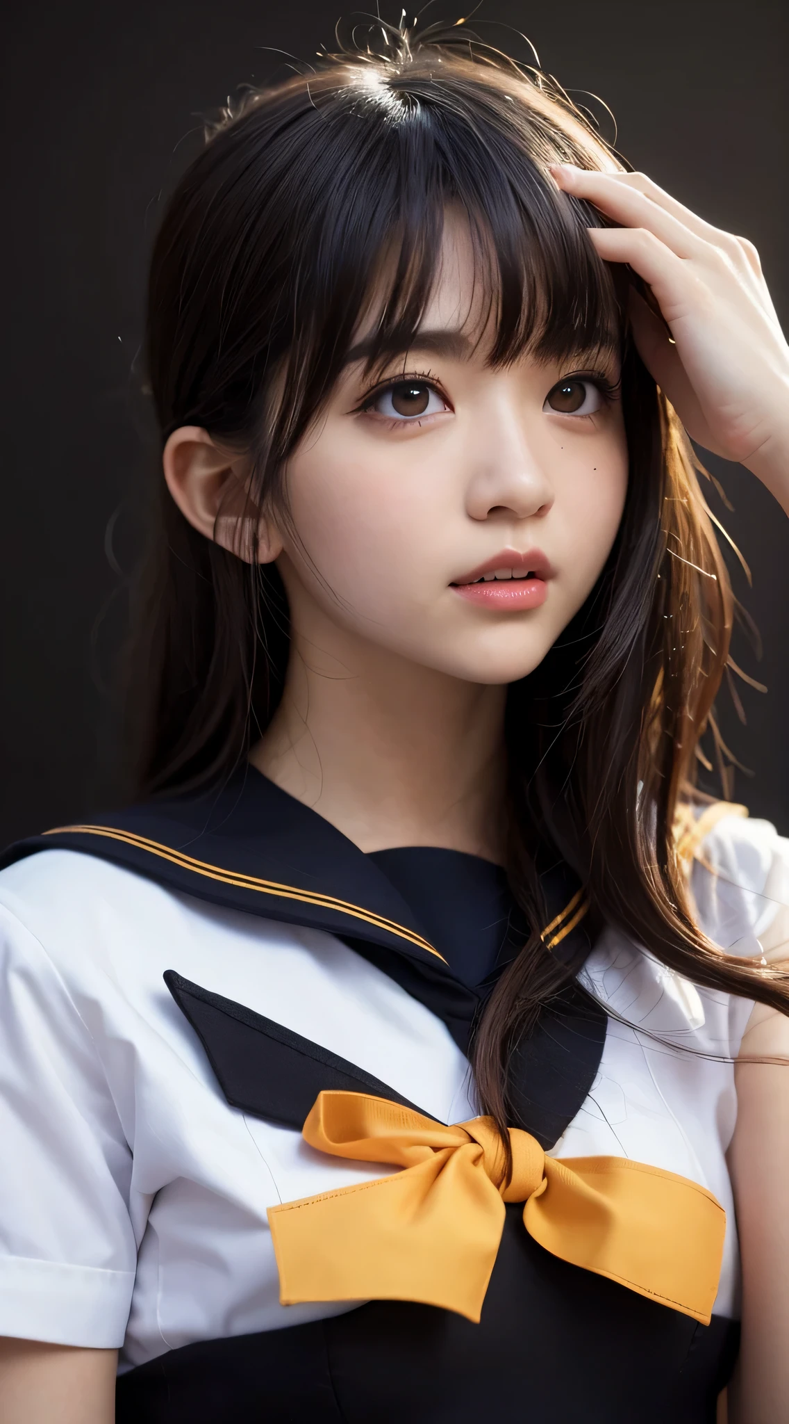 (Hassleblad H6D-400c), (medium format image),(dreamy),(400 mega pixels),(photorealistic:1.4),(RAW photo:1.2),(8k),(masterpiece:1.3),(realistic),(hyper-realistic),ultra-detailed,illustration,(very_high_realistic:1.5),(very_high_resolution:1.5),HDR,CG,unity,8k wallpaper,Amazing,finely detail,official art,extremely detailed CG unity 8k wallpaper,(best quality),incredibly absurdres,ultra-detailed,light on face,cinema lights,cinematic lighting,professional lighting,photon mapping,radiosity,physically-based rendering,solo focus,sharp focus,highres,extremely detailed,extremely delicate and beautiful,intricate detail,facial muscles,beautiful detailed girl,natural makeup,extremely detailed face,looking away,(embarassed,smile, happy, grin, flustered:0.3),japanese girl,((solo)),(very short black hair with bangs),(finely detailed beautiful AMBER Black eyes: 2),symmetrical pupils,extremely detailed pupils,lustrous skin,show Clavicle, perfect skin,(medium_breasts:1.3),slim body,narrow waist,Proper body proportion,perfect body,((sailor uniform:1.5)),