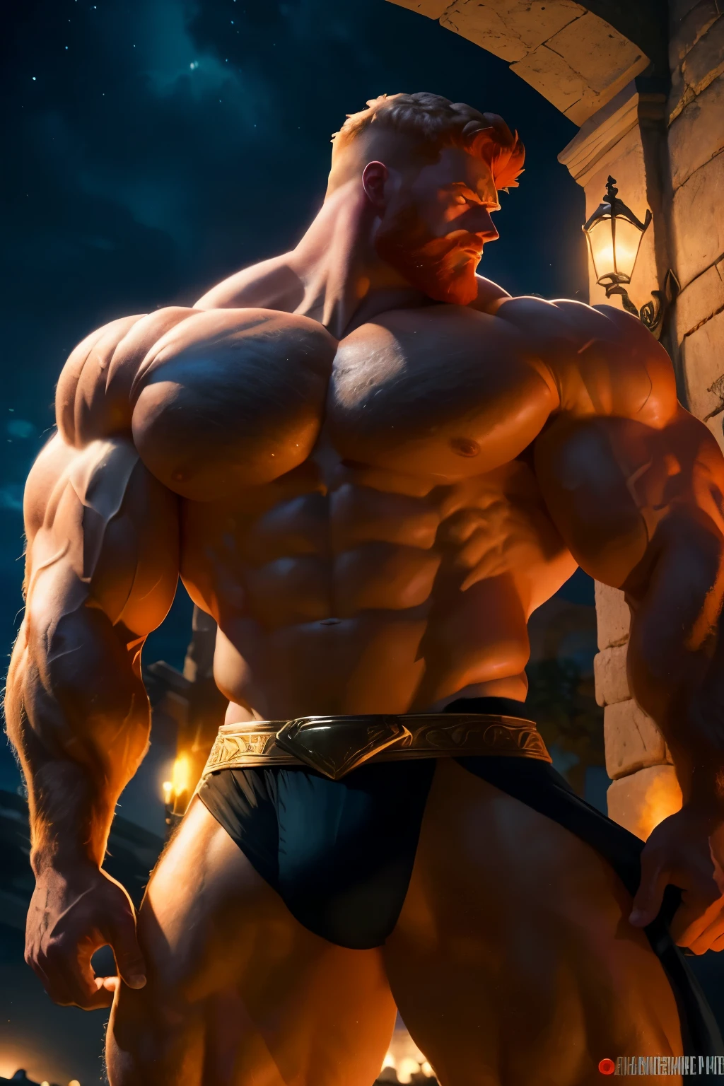 A giant, godly figure of a ginger muscle man, exuding an aura of power and strength, showcases massive muscles bulging in every direction. His chiseled biceps meet in a tender kiss during a sentimental moment, illuminated by brilliant lights, capturing the super detalhada and hiper realista essence of the scene in stunning 8K ultrahigh definition.