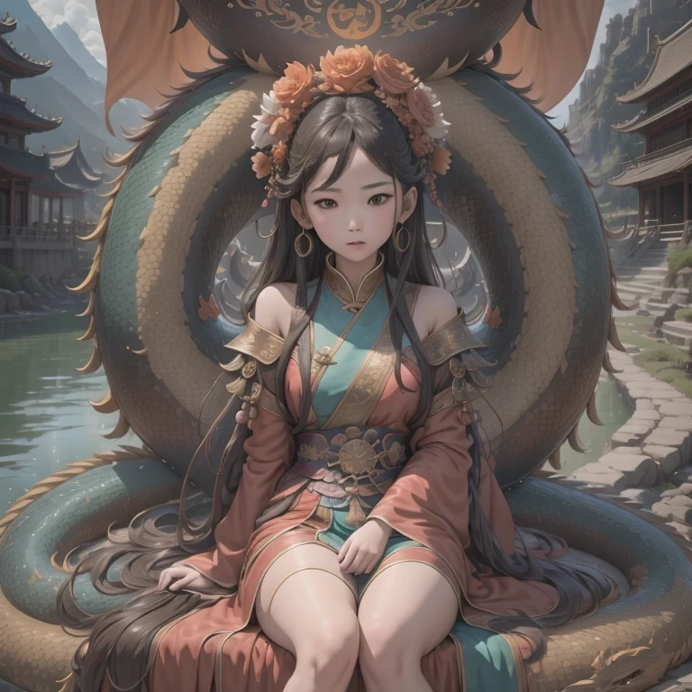 in bright orange chiffon dress sitting on a large 鹿角 statue, queen of the sea mu 奈斯 ling, cinematic, by Super Realism, the dragon girl portrait, Guan Xiaotong fantasy, wl op and ross winter rain, ross netflix drama and crossing, full body, Ross Costume 8k,Hanfujia and art germ, Horse-faced skirt and f international star fan science fiction, 1girl, solo