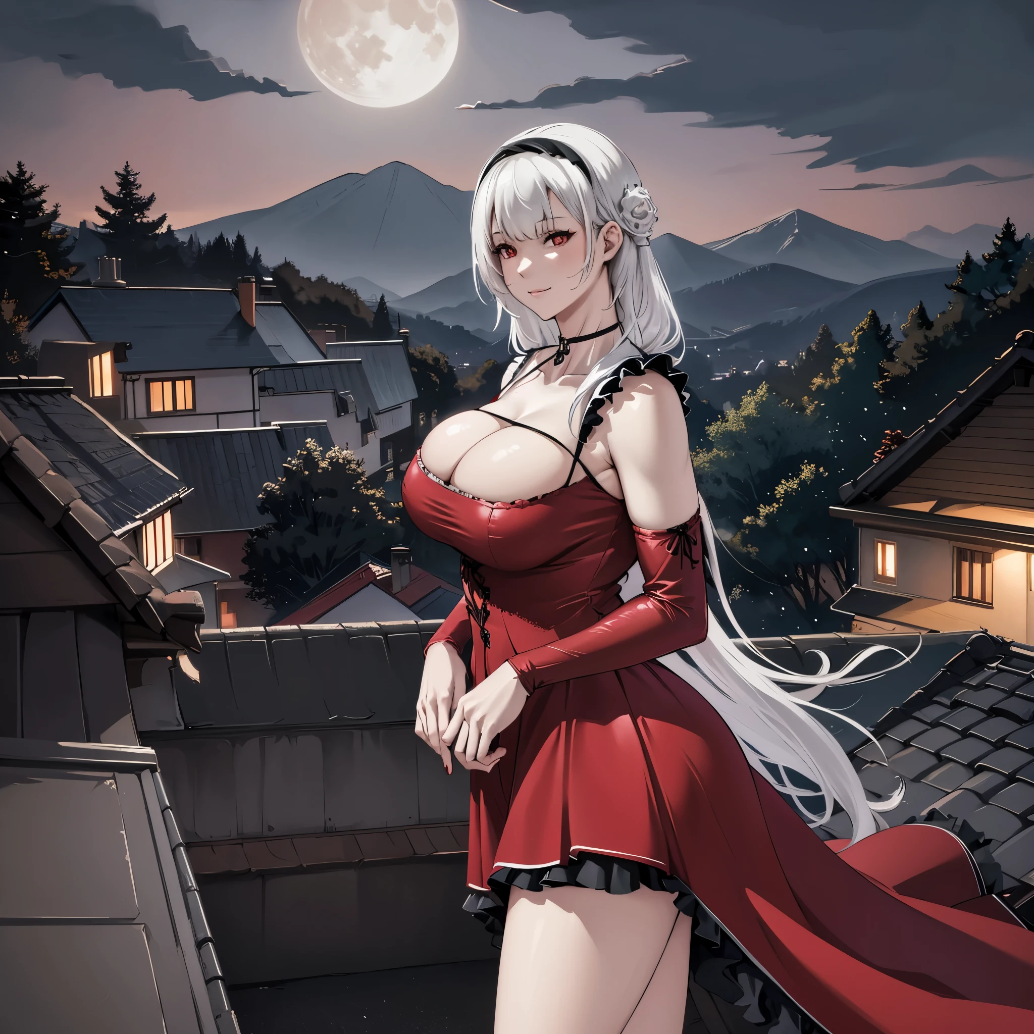 A woman wearing a red dress, white hair, red eyes, big breasts, on a roof of a modern house, with a view of a large forest at night, with local lighting, a moon, mountains in the background,HDR , ultra resolution, very detailed, masterpiece, HD 8K, (solo, just one girl)