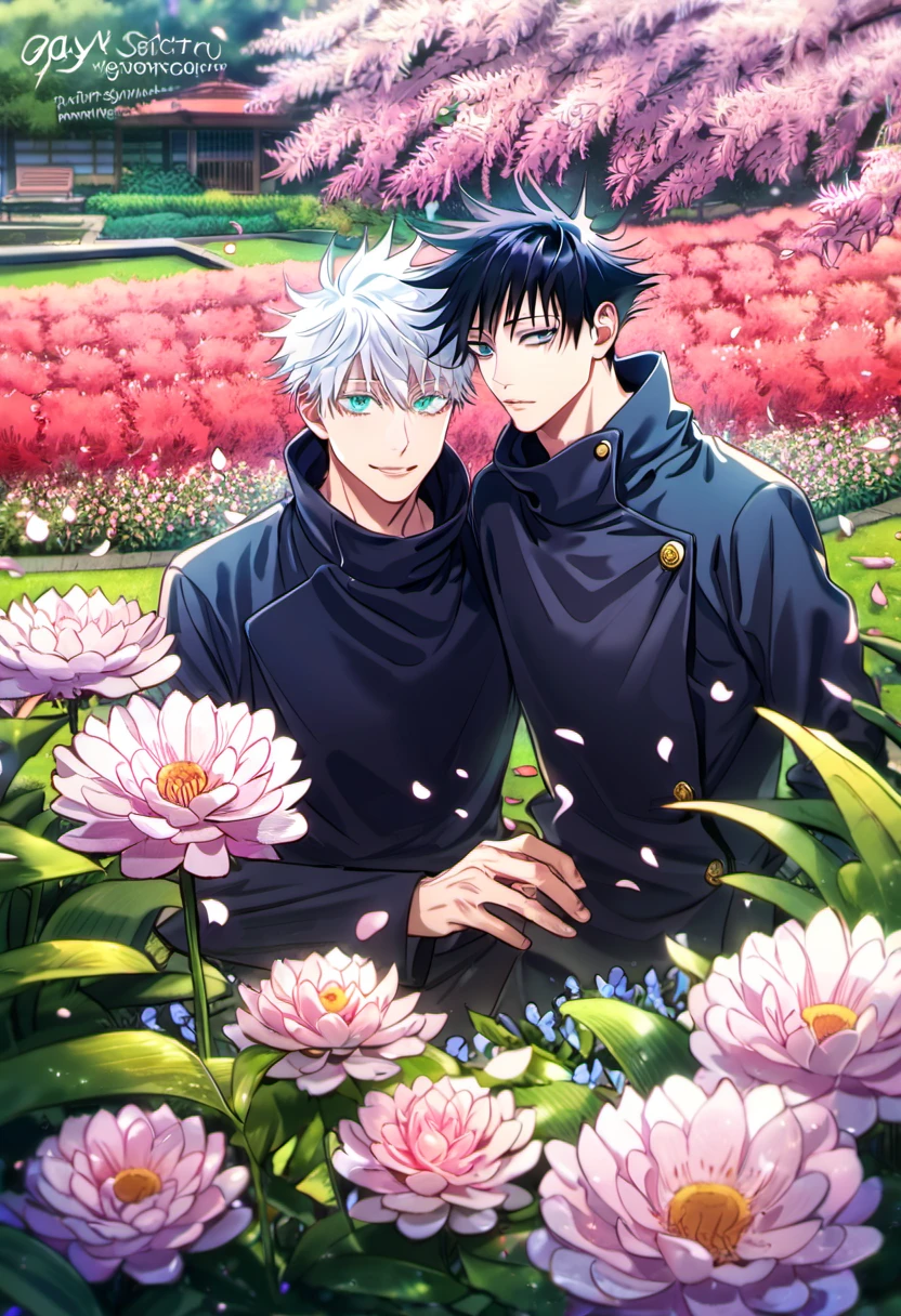 Ultra detailed, Highres, absurdres, HDR, Gojou Satoru, blue eyes, white hair, Fushiguro Megumi, green eyes, black hair, Jujutsu Kaisen, garden, petals, handsome, 2 men together, gay couple,