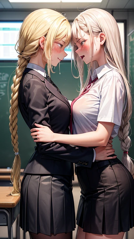 Two  girls，equivalent height，In the classroom，blondeロングヘア、blonde，Facing each other and staring、Touching the、touch each other&#39;s crotches、touch each other&#39;s genitals with your hands、put one&#39;s hand on one&#39;s crotch，The two bodies are close to each other，angry look、glare at each other、Picture of two people、Photograph of two people facing each other、push each other&#39;s pussies、Pussy to pussy、uniform、high school girl、mini skirt、big breasts、Pretty big、lesbian、lesbianのセックス、Depictions of sex、lesbianの性行為、Put pussy and pussy together、kiss、Tongue、ディープkiss、エロいkiss、向かい合いながらkissしている、TongueTongue、kiss、kiss、sexual acts between women、SEX between women