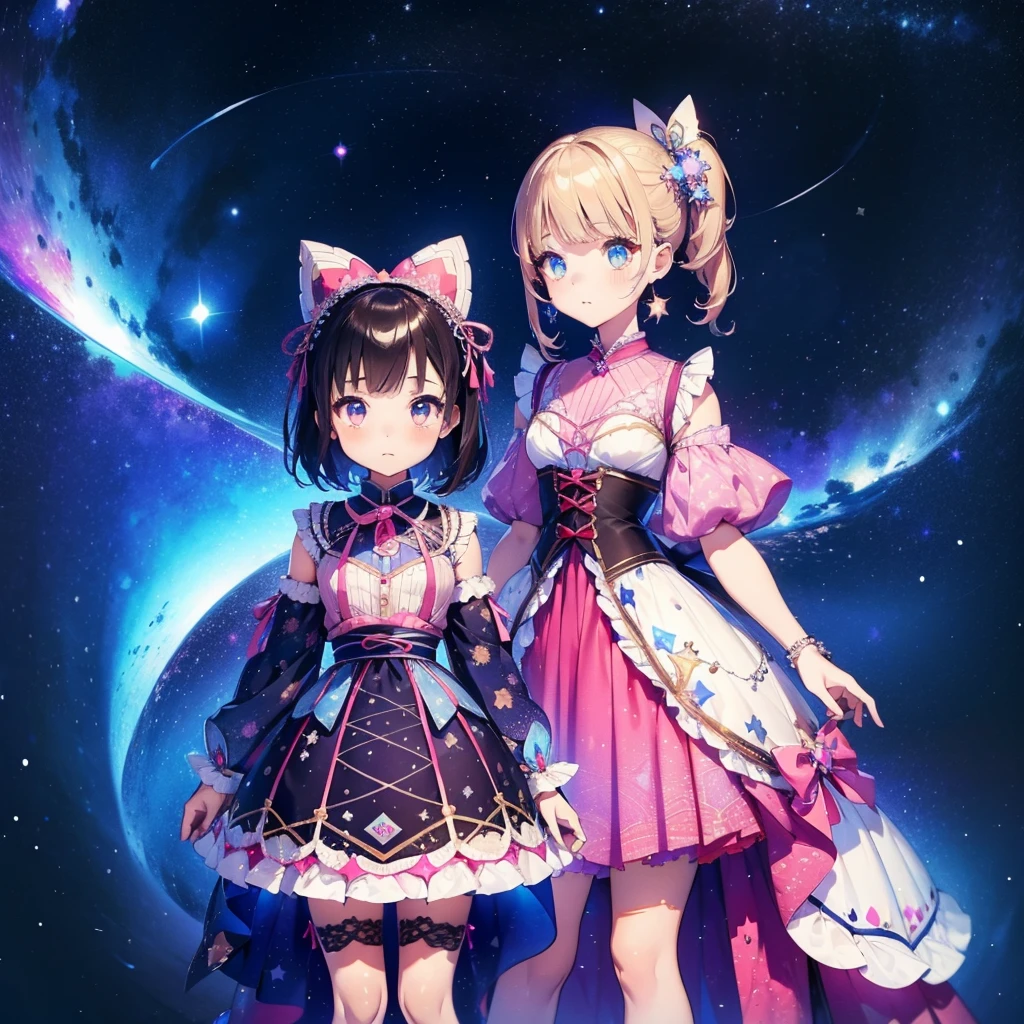 1girl、vtuber-fullbody、Star Fairy、「A beautifully printed galaxy patterned kimono and gothic lolita outfit.、Space pattern box pleated mini skirt with ruffles、Front full body portrait、enchanting eyes、Perfect and stunning face、exquisite details、clear image、highest quality。」short hair、