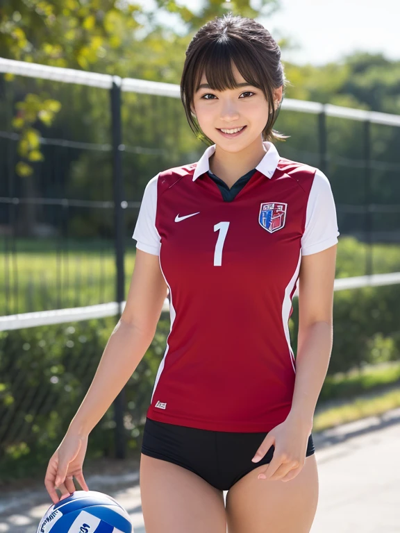 ((((whole body 1.4)))),1 girl, masterpiece,Highest image quality,,  smile, beautiful eyes, perfect eyes, beautiful lips, perfect lips, short hair, Are standing, ,volleyball player red uniform、,perfect face, Angelic,Idol, super realism,surreal, Japanese girl film grain, gym
