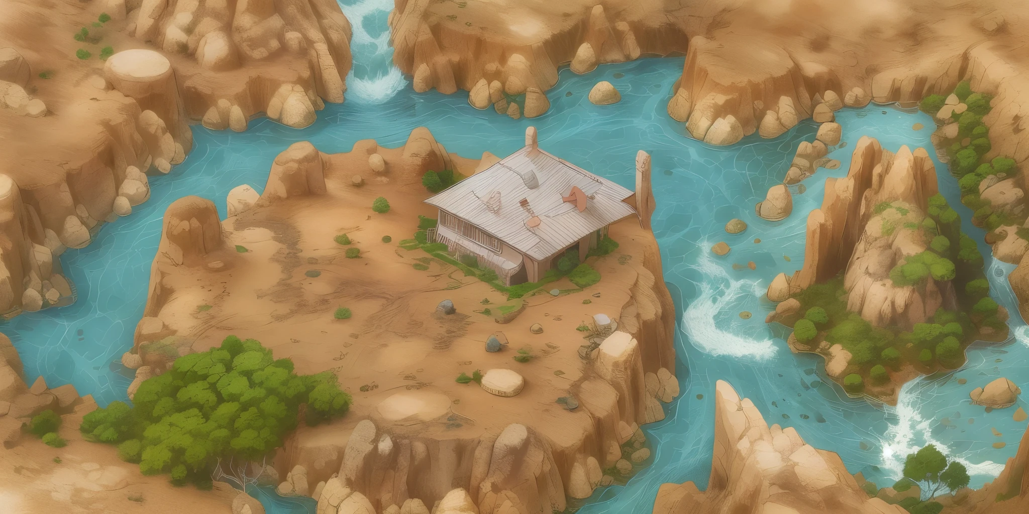 Isometric illustration land scape 16:9 of a small and mini island in the desert with a small stream with little short grass, isometric seen from above nearby, 20 meters away.