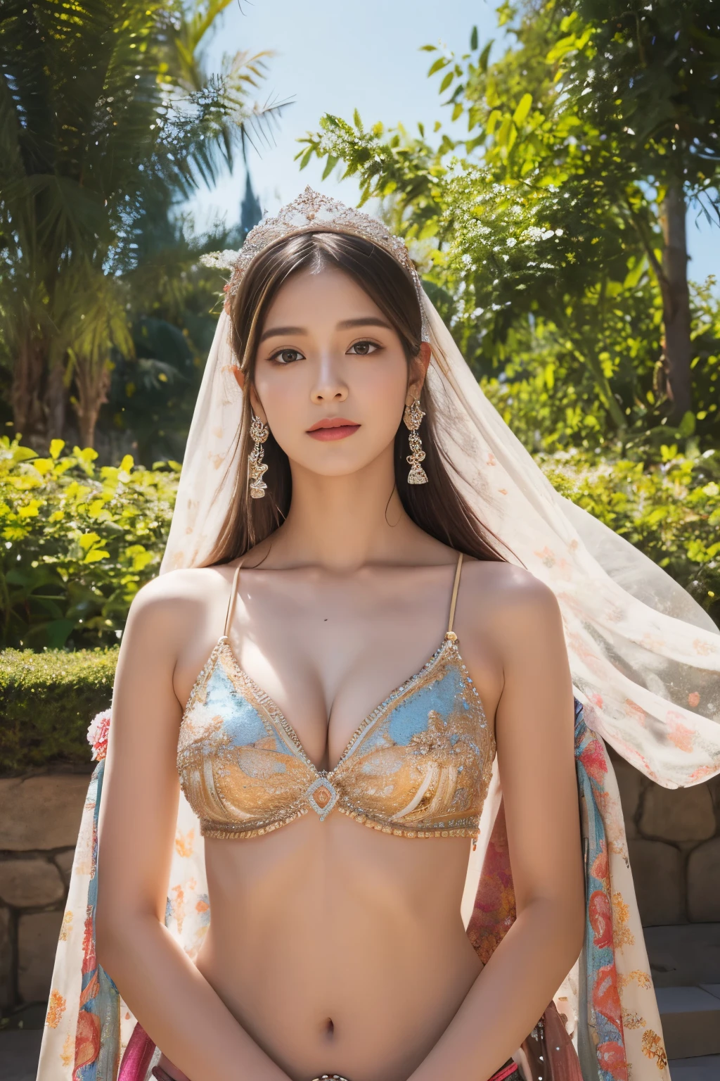 colorful, sky, flowers, magical, fantasy, tale, top-quality,Beautiful detailed hijabi,Bewitching face,tzuyu iu yooa ,long lashes,Wearing a colorful bellydancer,Detailed details,Colossal ,With cleavage, underboob, sideboob,stares at the camera, javanese castle, monastery