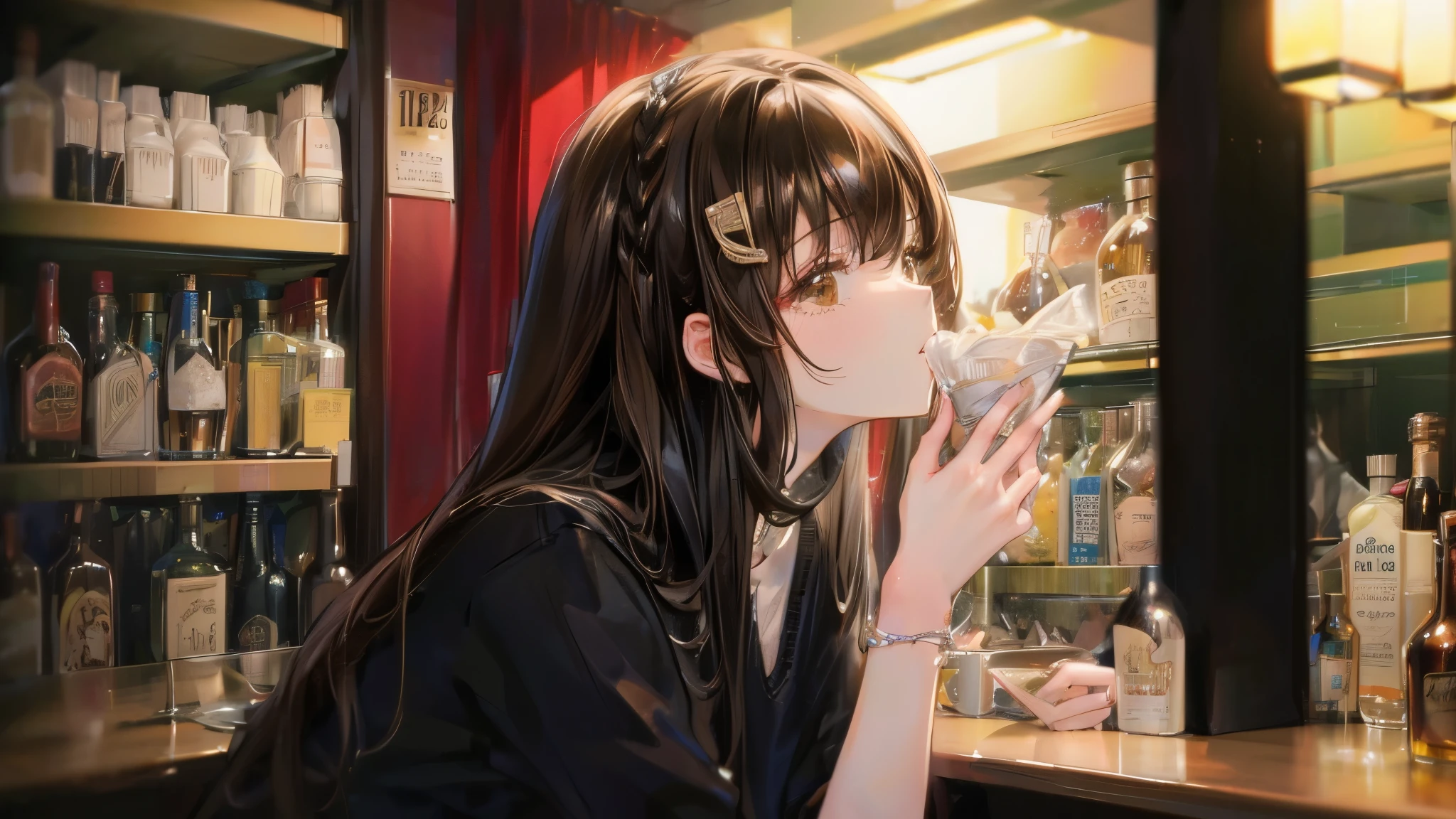 (very detailed figure), masterpiece, (Extremely detailed), 詳細品質highest quality, (very detailed: 1. 1), very detailed light reflection, harmony, very detailed background, Super detailed, High resolution, production official art, very detailed, figure, Novel cover, shiny skin, best shadow, beautiful face (highest quality), (masterpiece), (Super detailed), (in Shoulder bag), ((liquor)), Old store, Shoulder bag, liquor bottle, Chalk, official art, one beautiful girl, (18-year-old), counter, (detailed face), (black hair: 1. 3), (loosely curled hair: 1.1), long hair, liquor, snack, closed mouth, (brown eyes), ( (narrow eyes: 1. 2), eye highlights, Medium chest, (bar), model pose, indoor, (dim lighting: 1. 2), (long shot: 1. 1), dynamic angle, break (Loosely knitted sweater), sitting in a chair