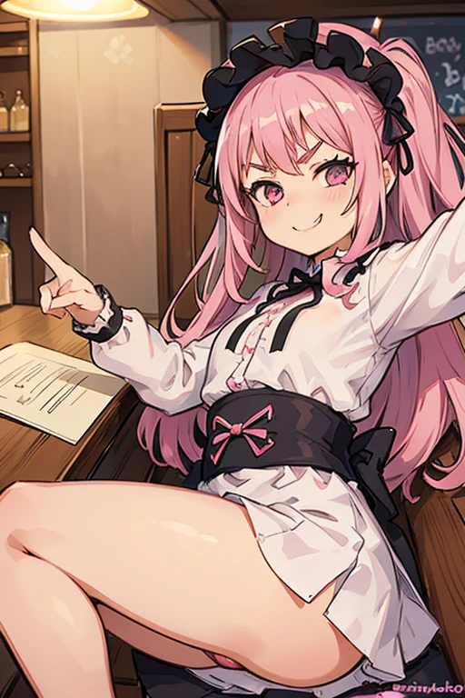 Girl with pink hair, long double-tailed hairstyle, ((small pink bushy eyebrows)), wearing ta clothing, , loli(Zankuro) drawing style by zankuro artist, Zancro style, image uploaded to R34, flirty smile, take a selfie, close-up, showing one breast outside the shirt, face very close to the camera, moan and drool) happy face wavy smile , showing pubis, in restaurant