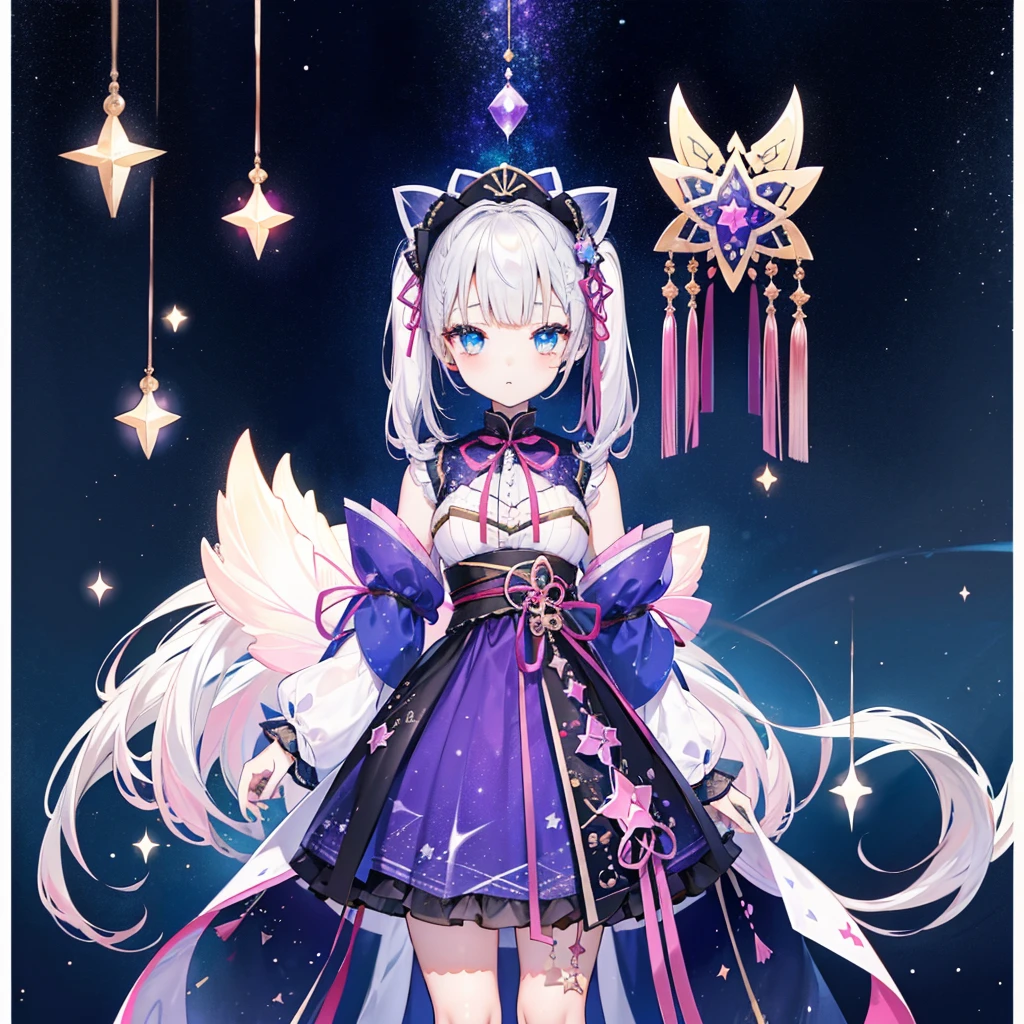 vtuber-fullbody、Star Fairy、「A beautifully printed galaxy patterned kimono and gothic ta outfit.、Space side box pleat mini skirt、Front full body portrait、enchanting eyes、Perfect and stunning face、exquisite details、clear image、highest quality。」