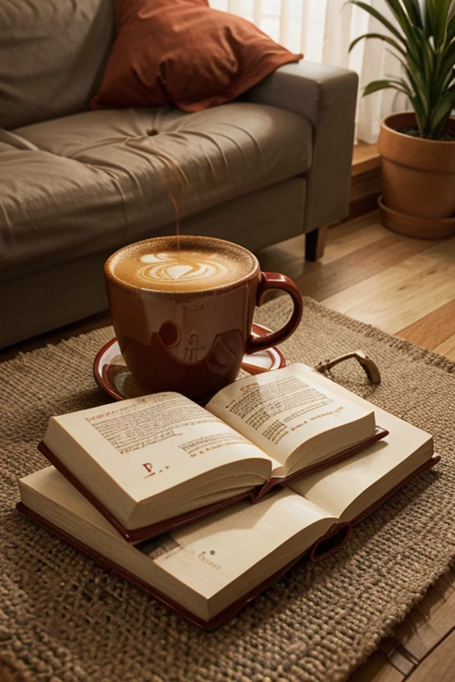 cafe dolca, libro en mesa, realista, taza ROJA, luz natural