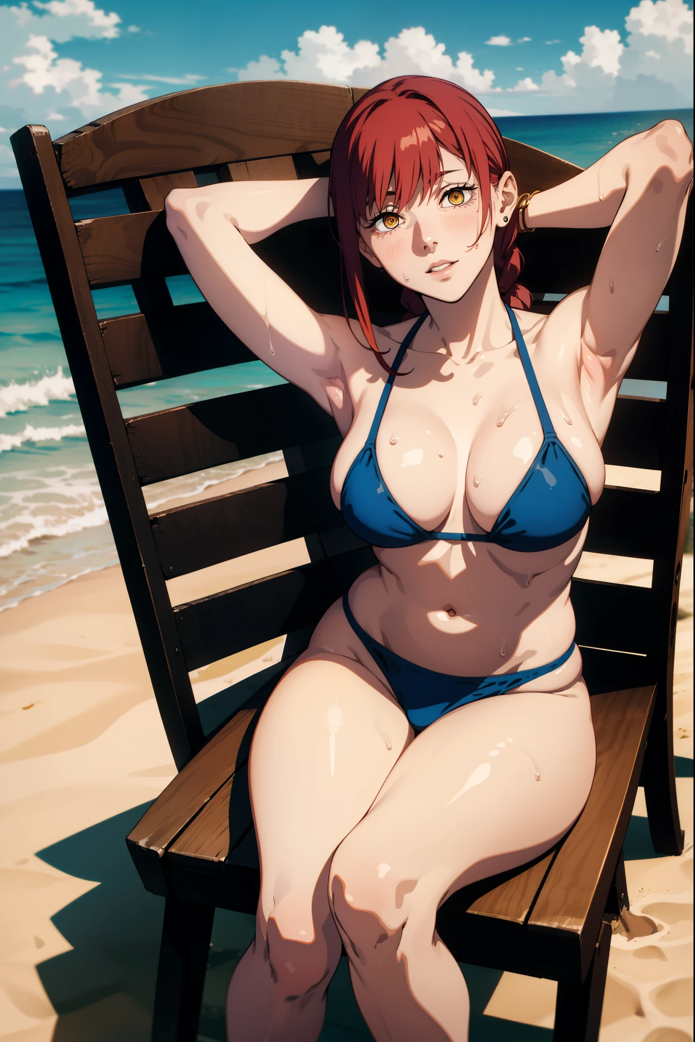 1girl, solo,underwear, navel, breasts, realistic, long hair,, lips, looking at viewer, red hair, collarbone,braided ponytail,yellow eyes, sitting, cowboy shot, jewelry, sitting in beach chair , from Above, arms behind head, show both armpits, one piece bikini, legs open wide, dynamic pose, white skin, pale skin, sweaty armpits, outside, sun, skies, blue skies, seaside, beach sand, cameltoes